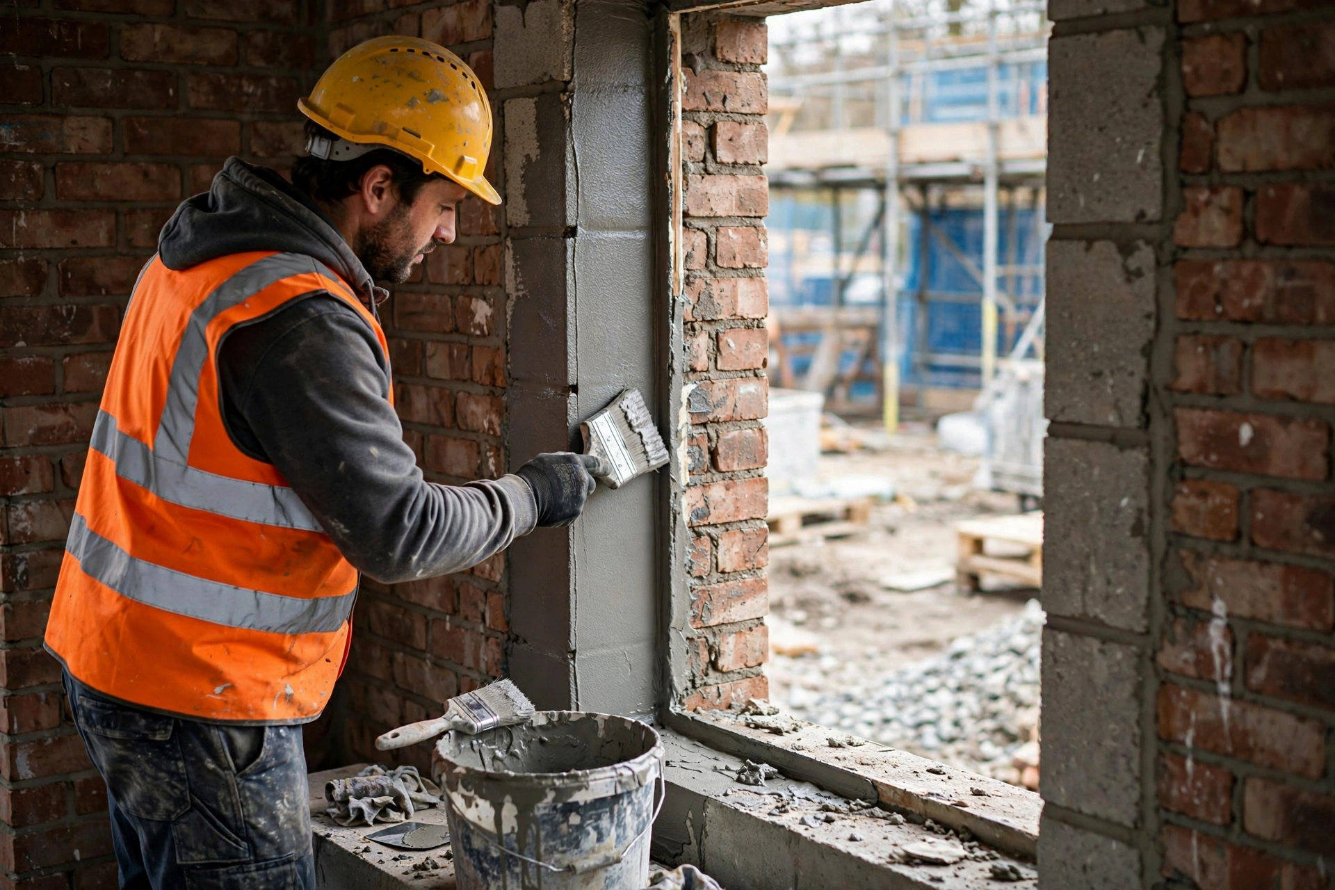 Worker waterproofing window opening reveals before aluminum windows installation