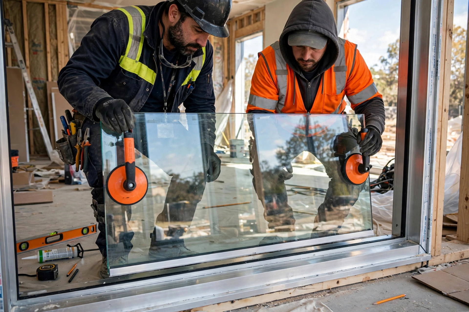 Glaziers installing double glazed glass pane into aluminum frame with suction cups