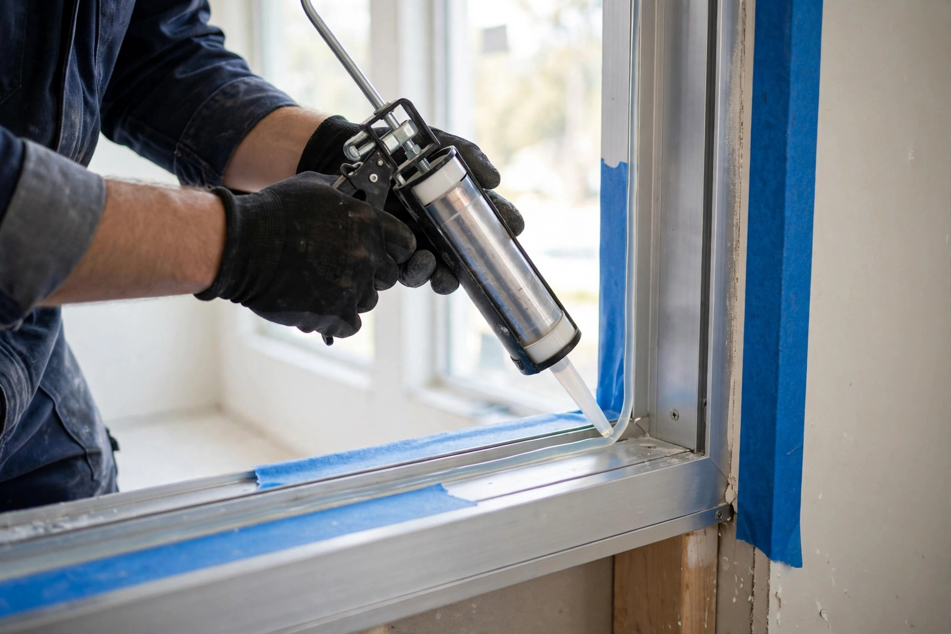 Worker applying silicone sealant around installed aluminum window frame