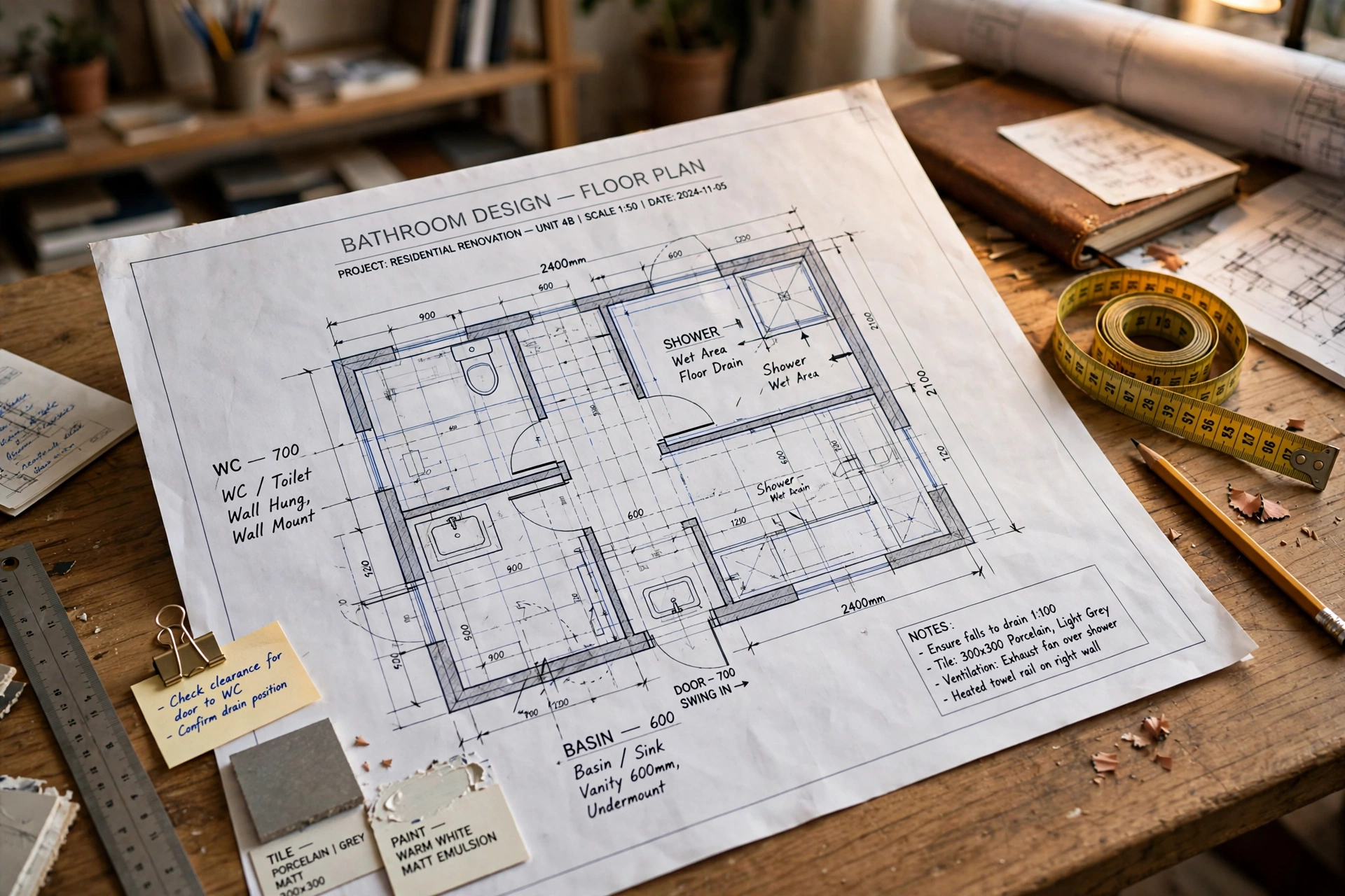 Bathroom construction planning with design drawings and measurements