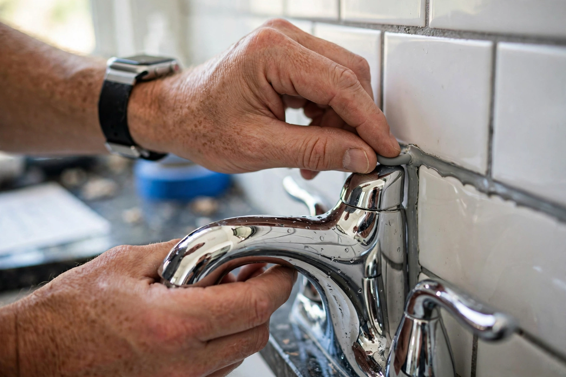 Final inspection of newly constructed bathroom checking finishing details