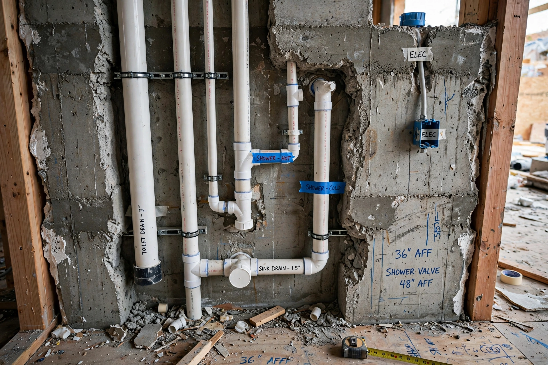 Bathroom plumbing rough-in with concealed water pipes in wall during construction