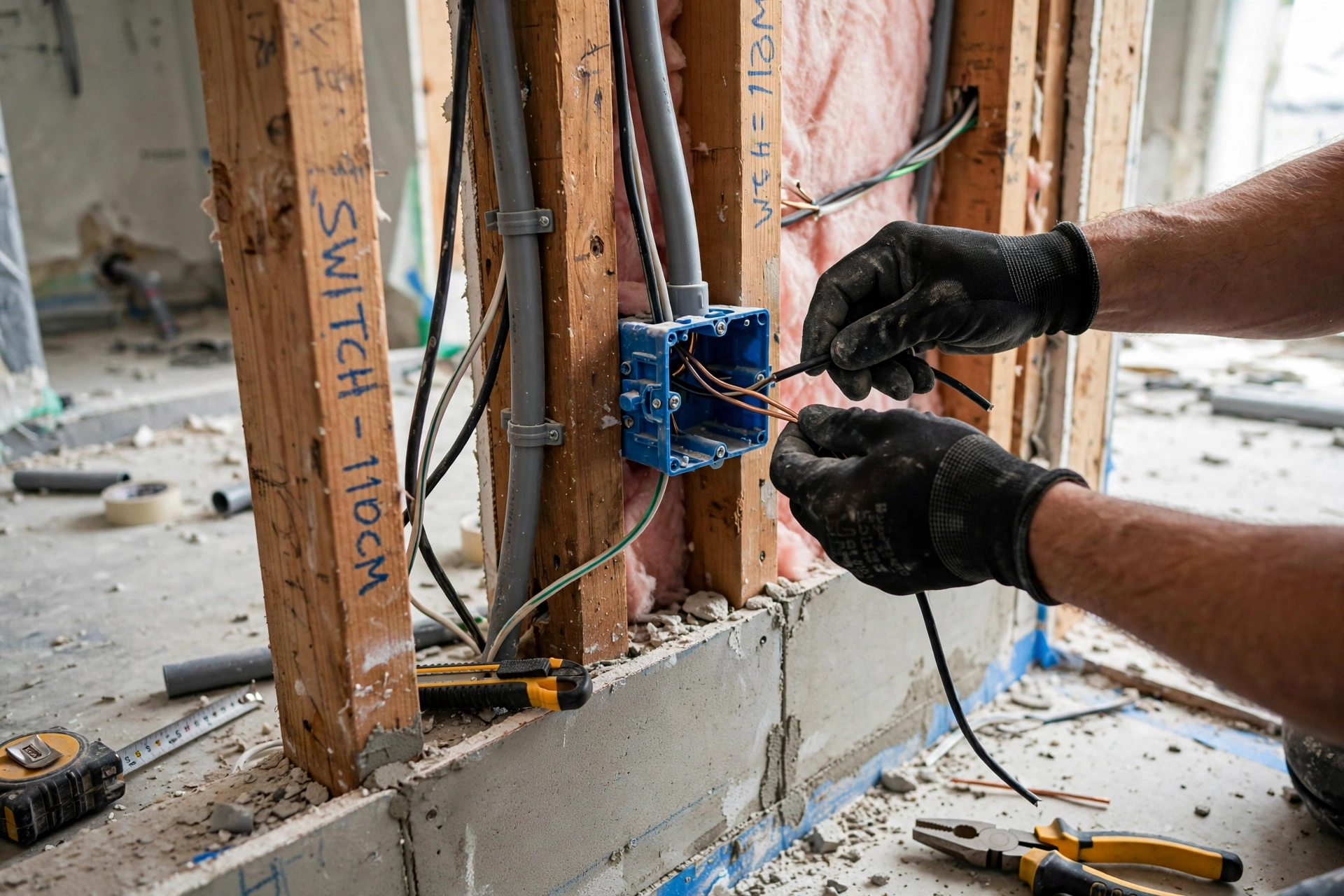 Electrician installing concealed wiring and points in bathroom wall
