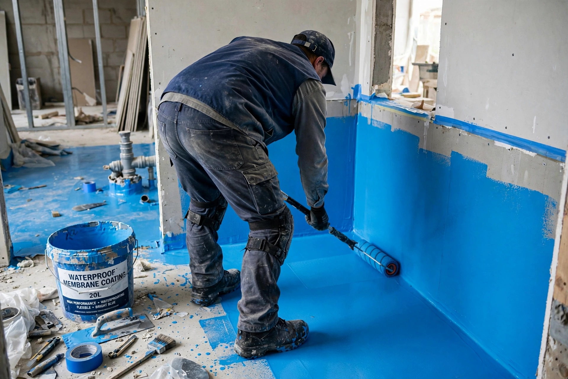 Applying blue waterproofing membrane coating on bathroom floor and walls