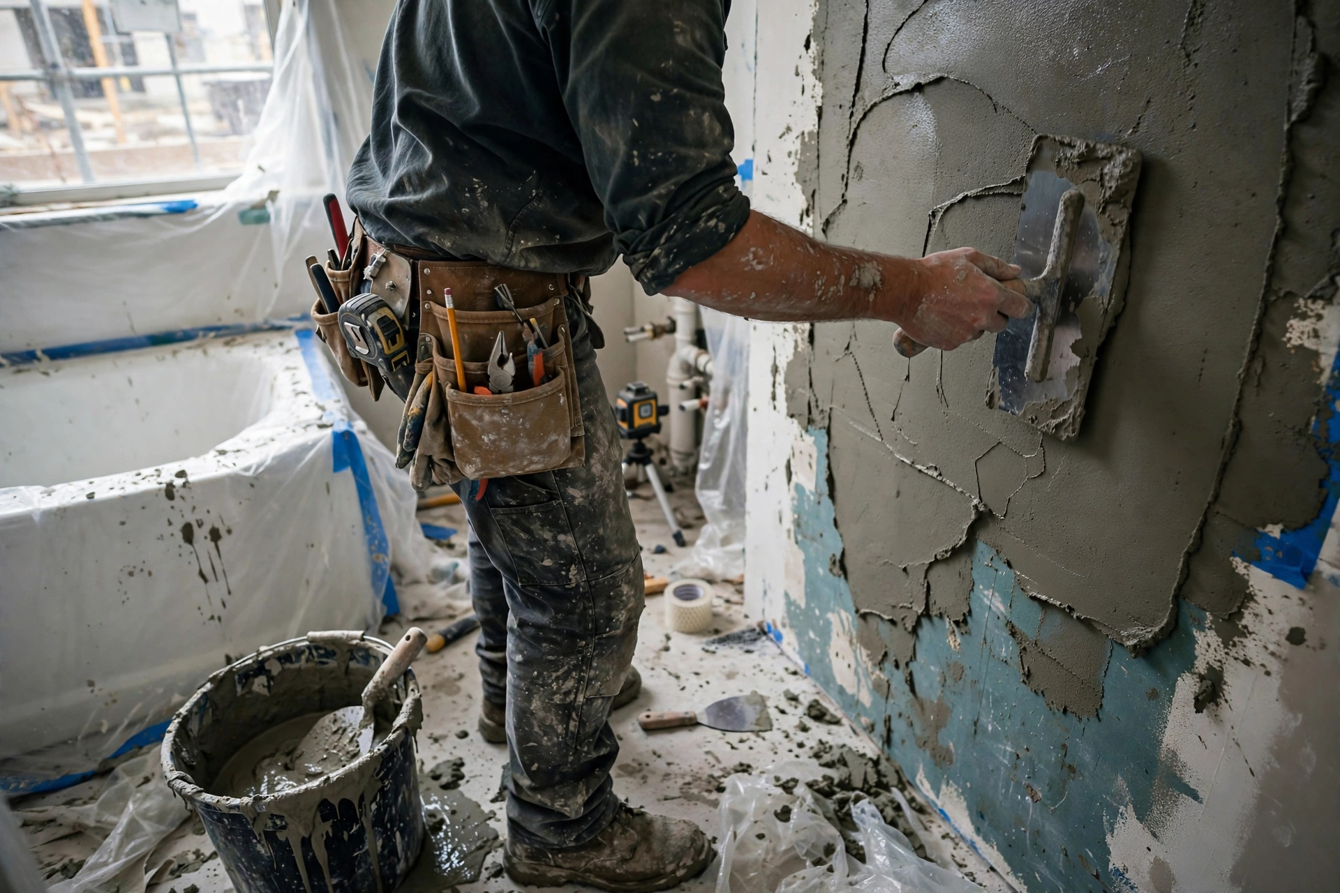 Mason plastering bathroom wall with cement during construction