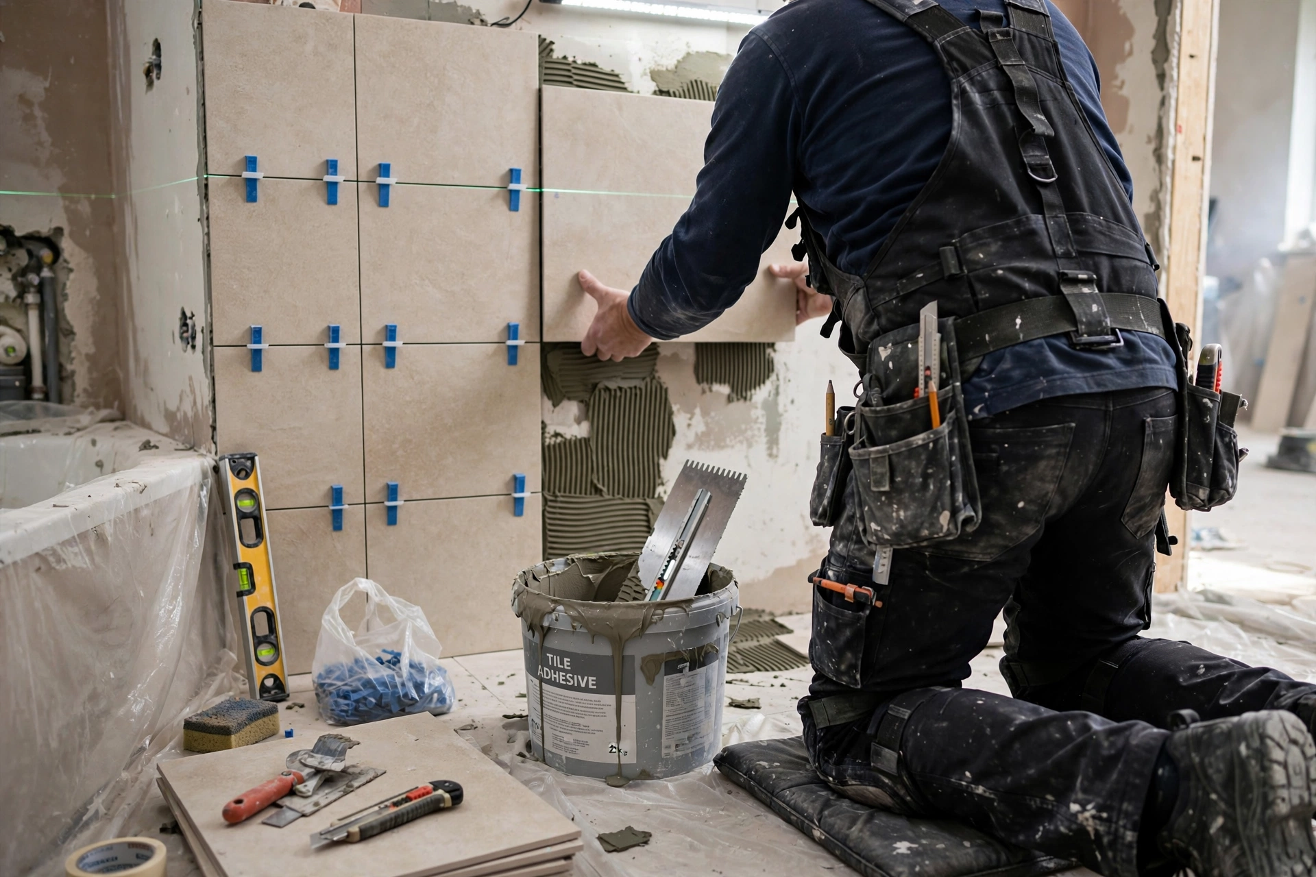 Laying wall and floor tiles in bathroom during construction
