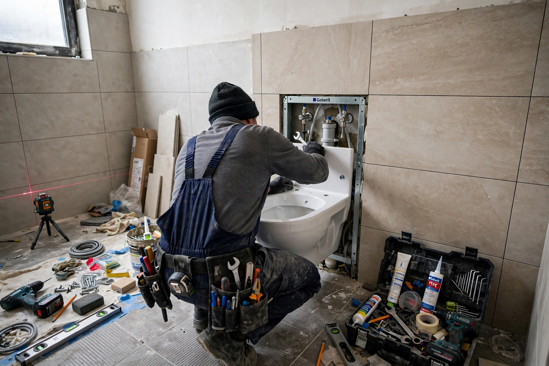 Installing white ceramic WC and sanitary fixtures in tiled bathroom