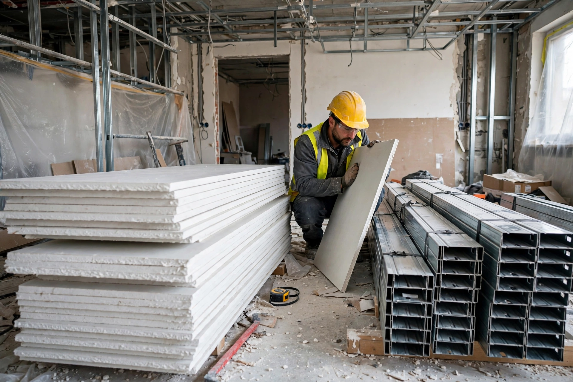 Gypsum boards and galvanized channels selected for false ceiling installation