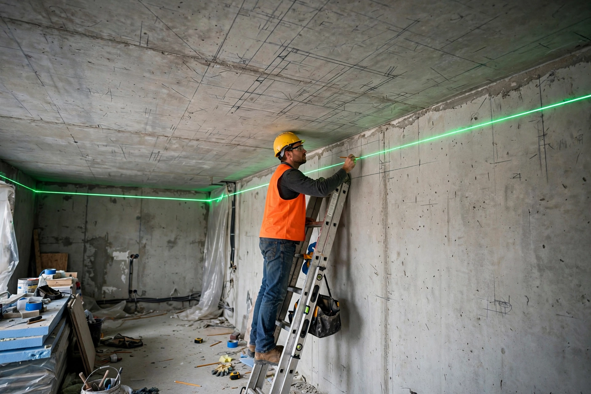 Worker marking ceiling levels with laser level for false ceiling installation