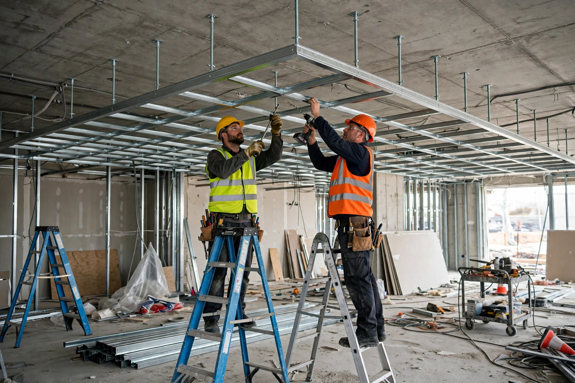 Workers installing galvanized metal channel framing for false ceiling installation