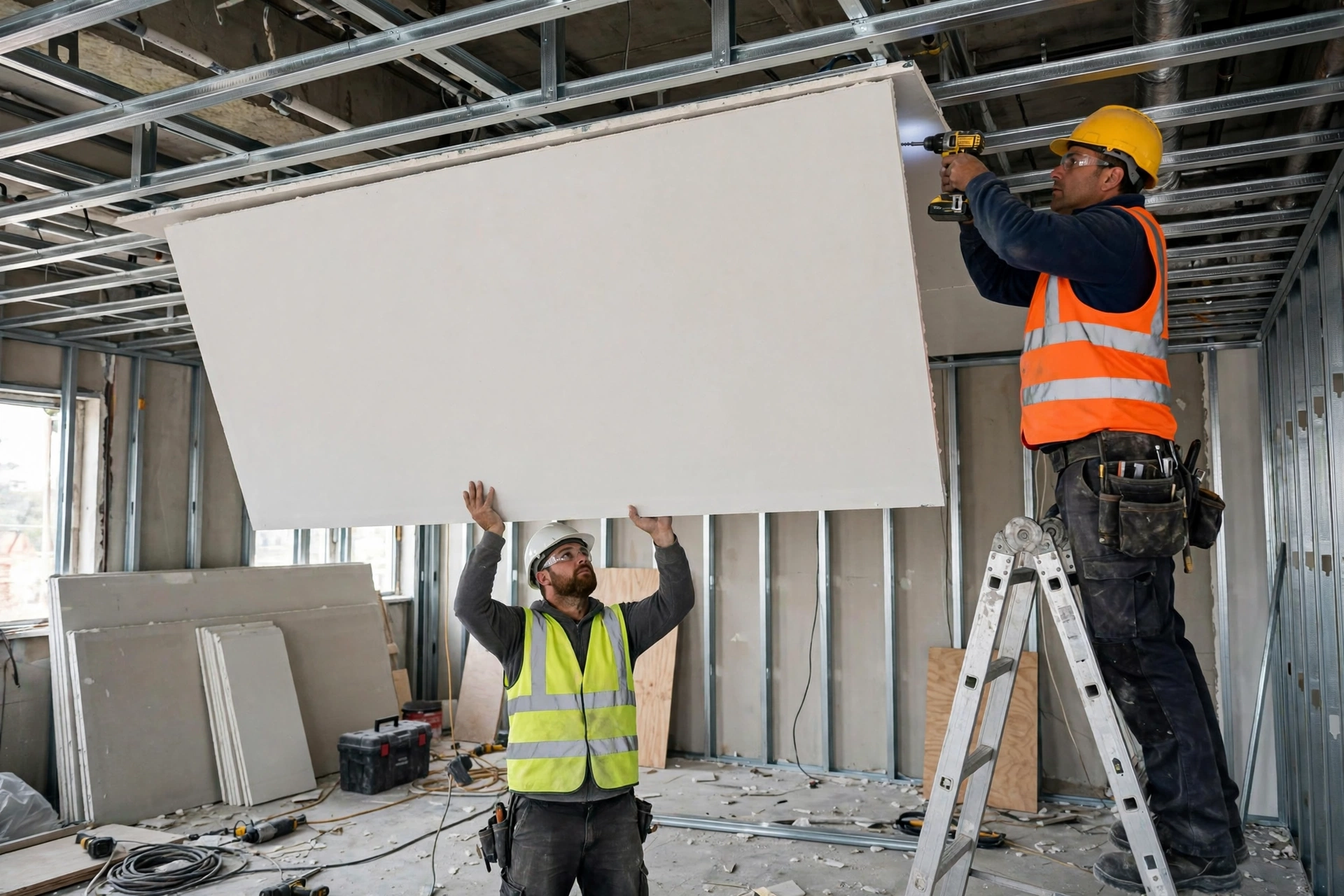 Workers fixing gypsum boards to metal frame in false ceiling installation