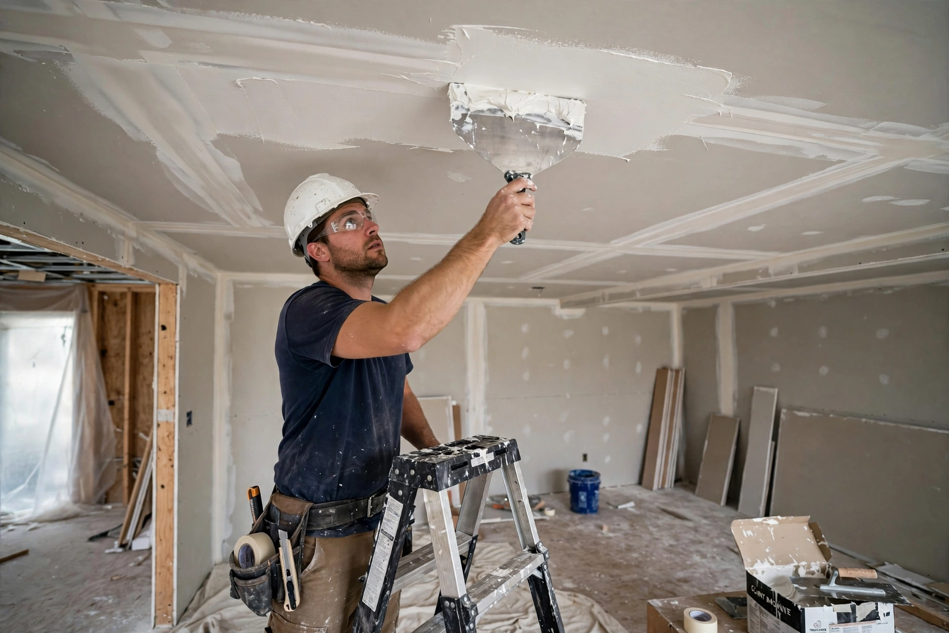 Worker applying joint tape and filler on gypsum ceiling joints in false ceiling installation