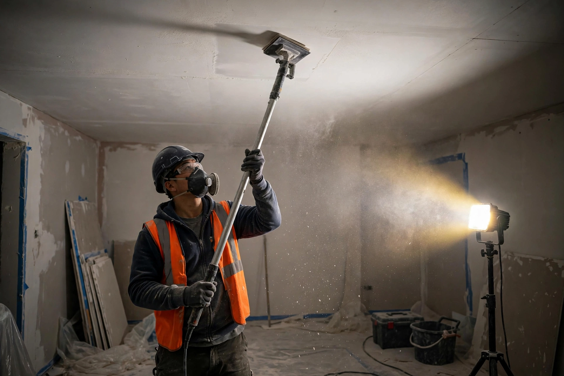 Worker sanding gypsum ceiling smooth during false ceiling installation finishing