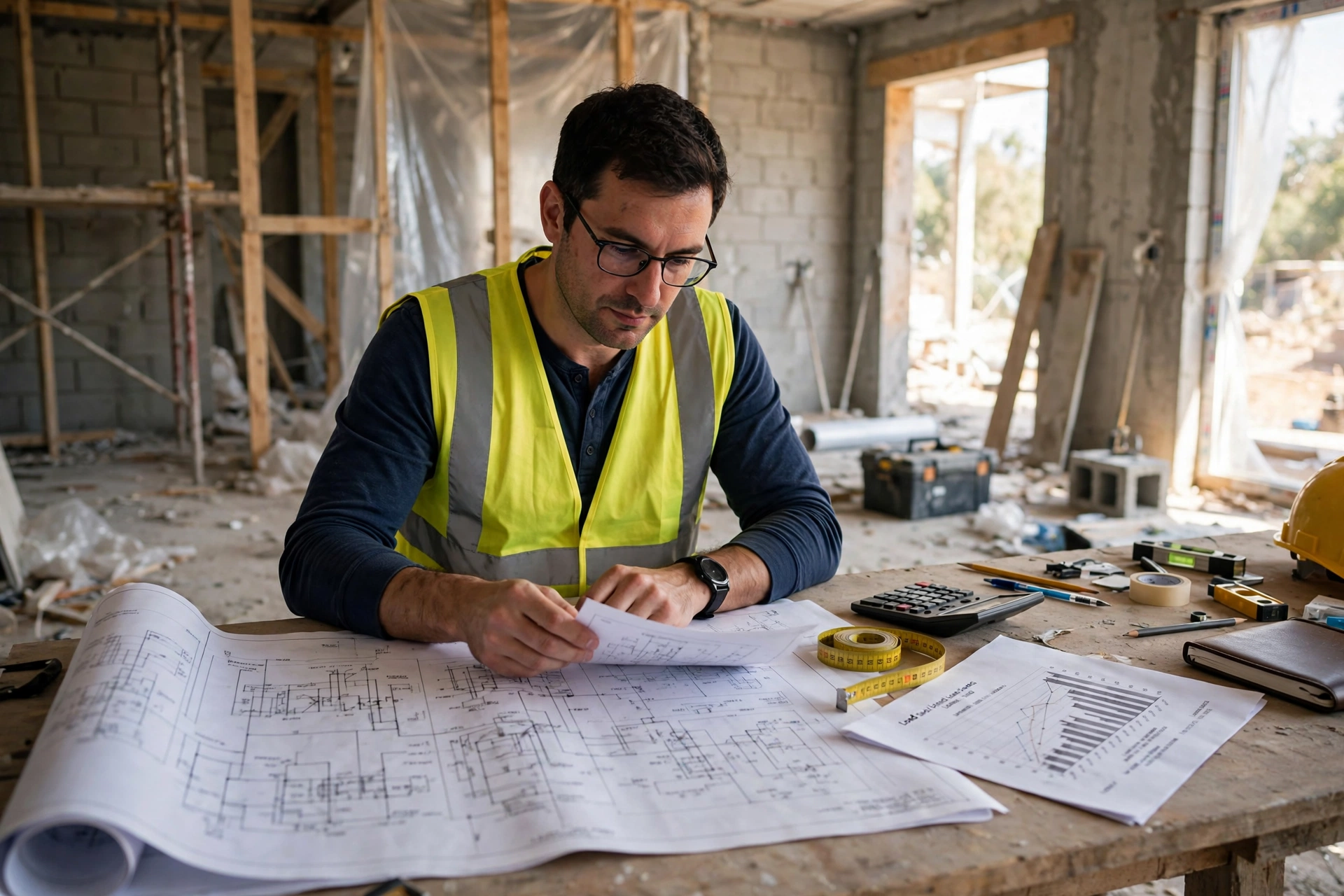 Home electrical installation load calculation with engineer reviewing circuit plans and drawings