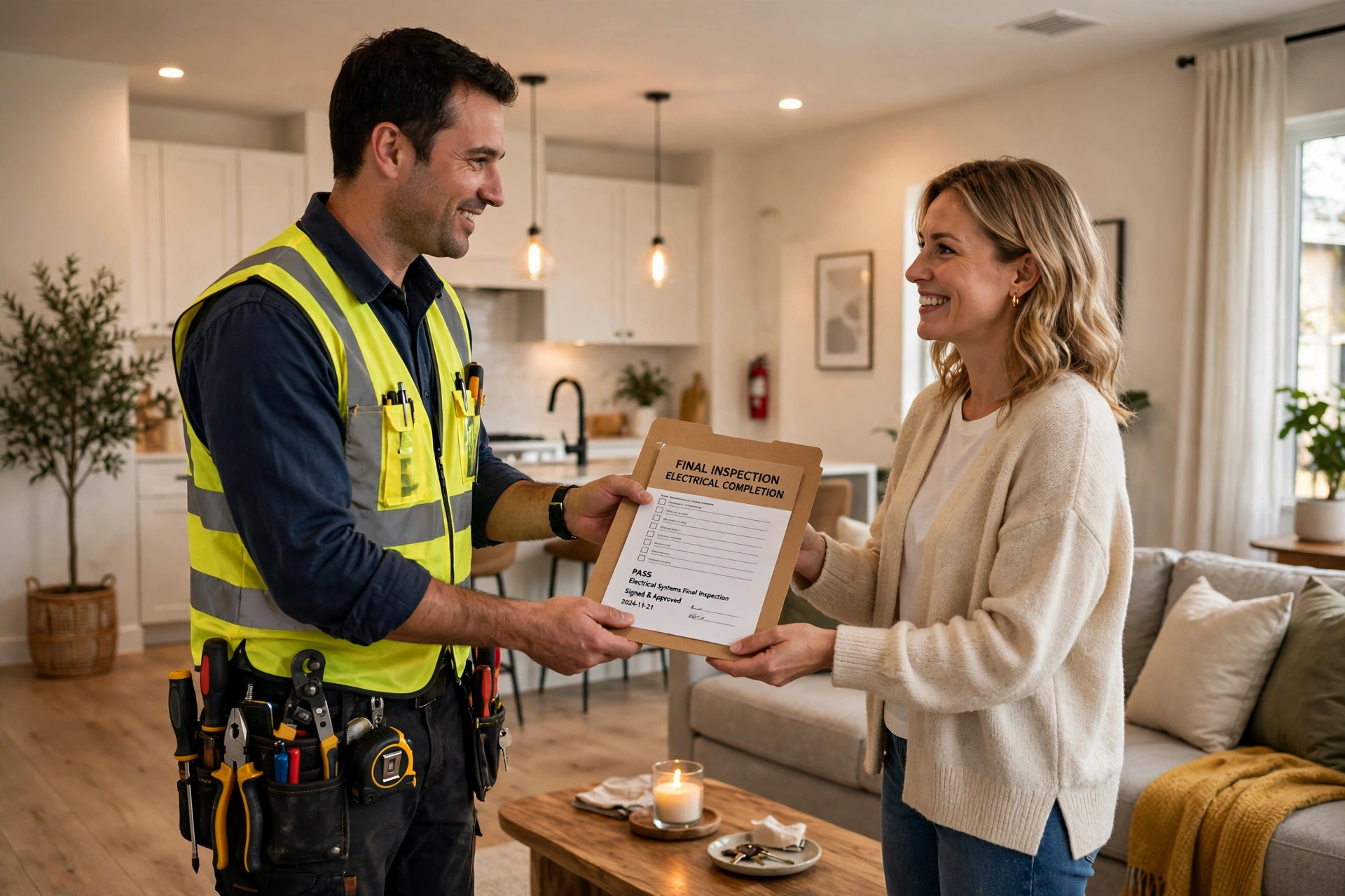 Final inspection of a completed home electrical installation with electrician handing documents to homeowner