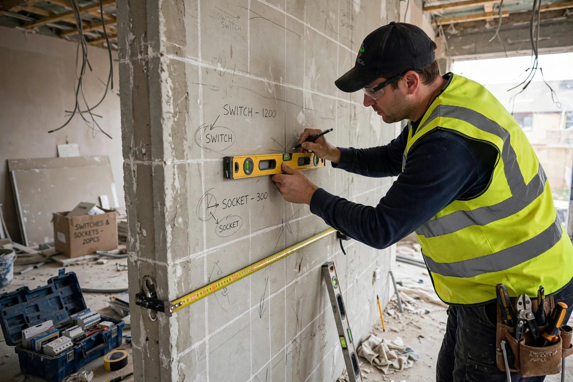 Electrician marking switch and socket points on wall during home electrical installation layout
