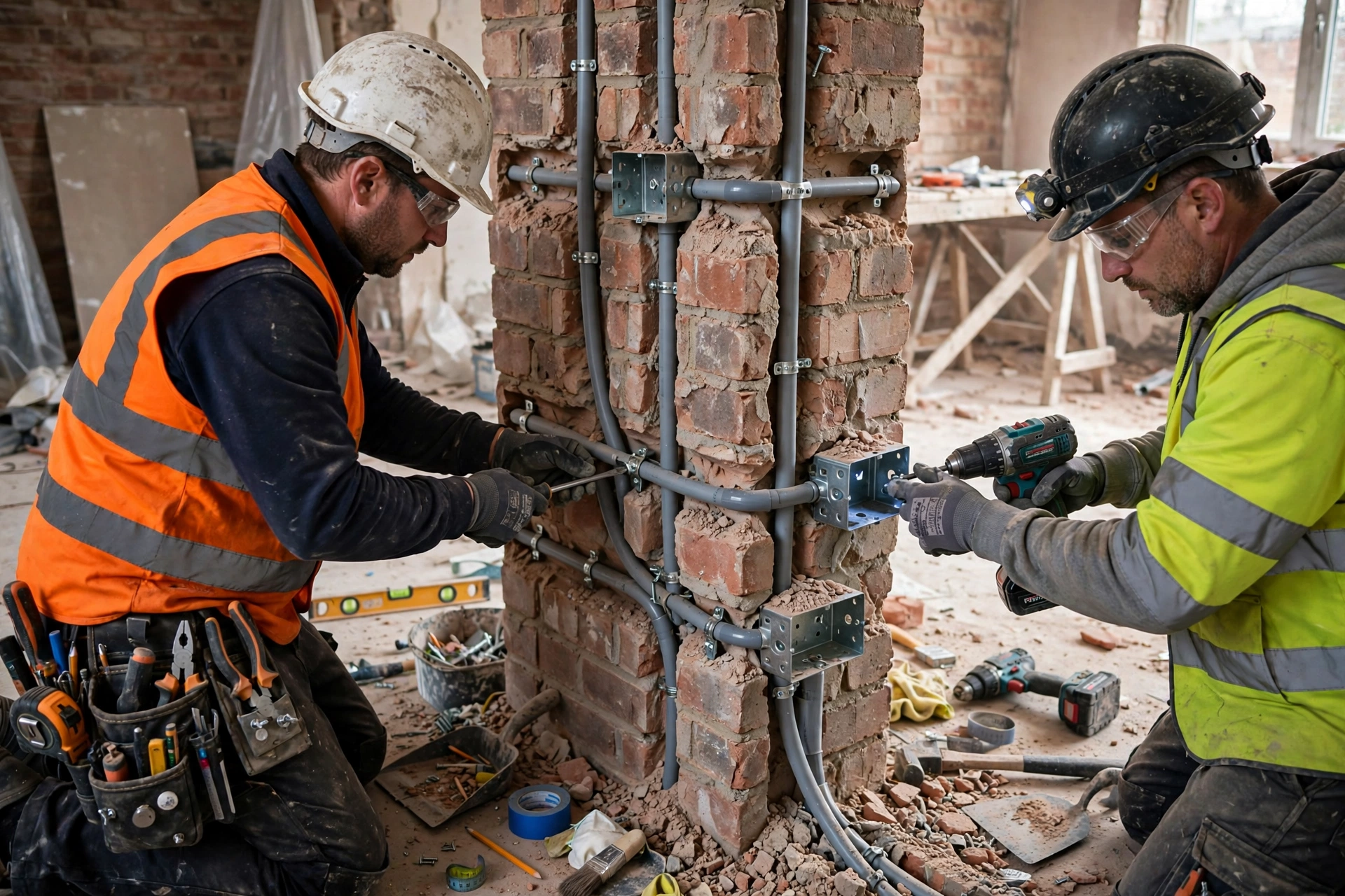 Workers fixing PVC conduits and boxes in chased walls during home electrical installation first fix