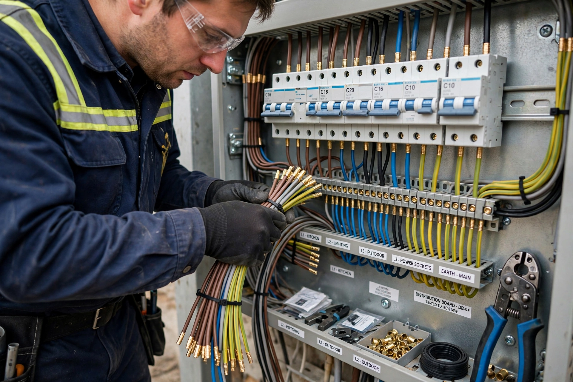Electrician dressing cables neatly inside a distribution board during home electrical installation