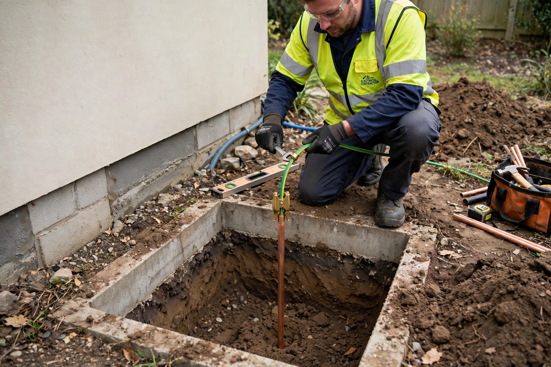 Technician installing a copper earth electrode in an earth pit for home electrical installation earthing