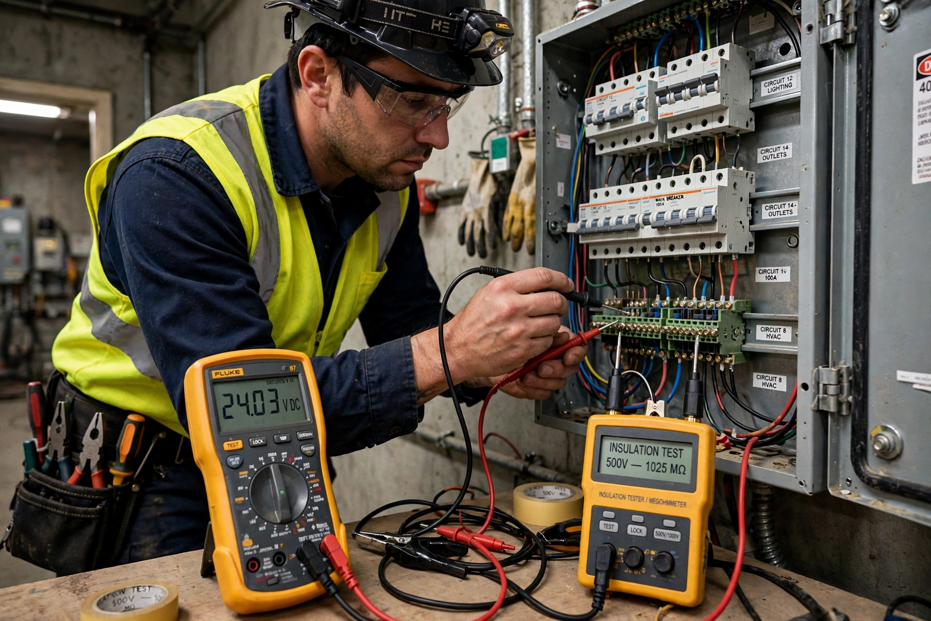 Electrician testing circuits with an insulation tester and multimeter at the DB panel in home electrical installation