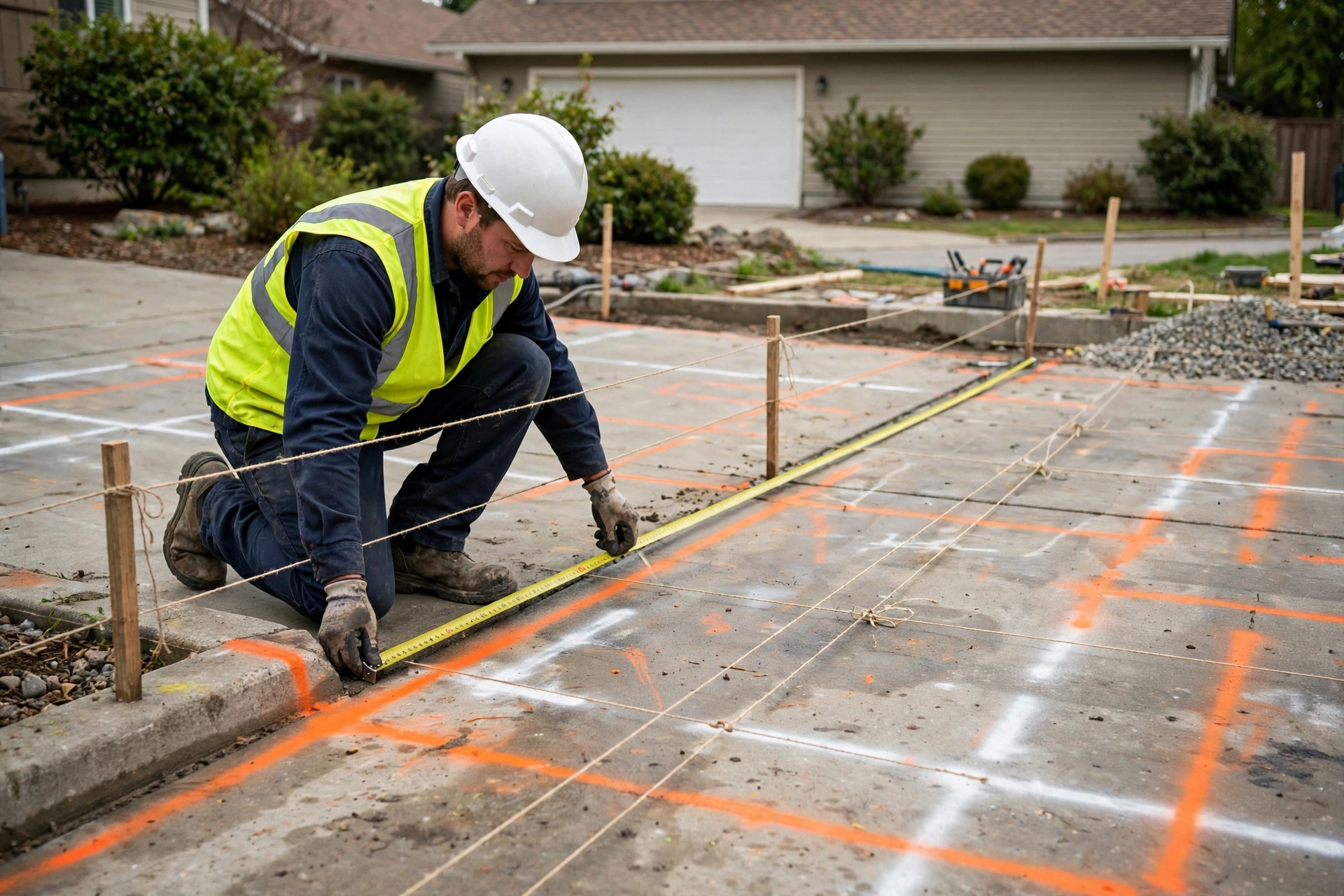 Worker measuring and marking out driveway area for interlock paving