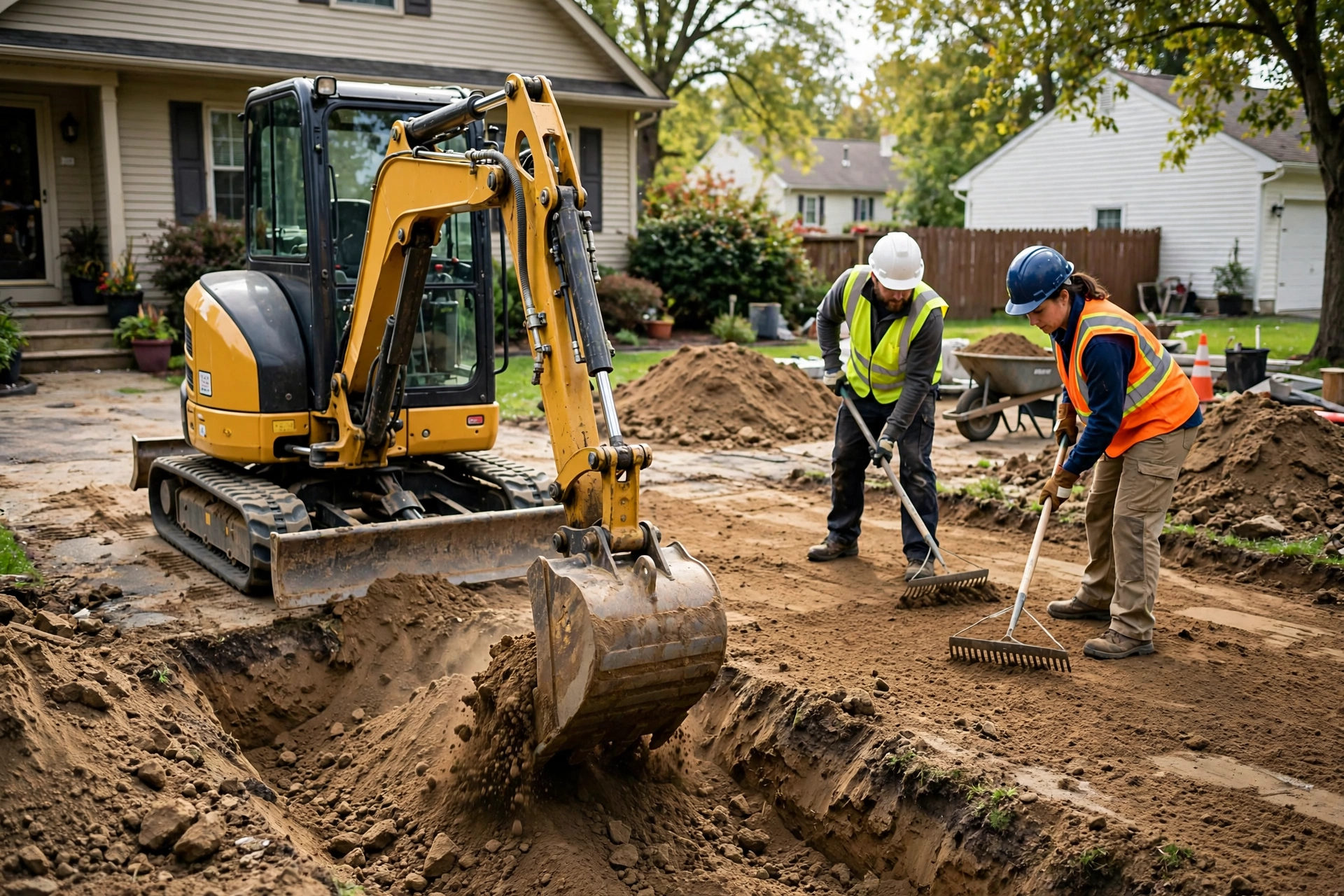 Mini excavator digging out driveway soil before interlock paving installation