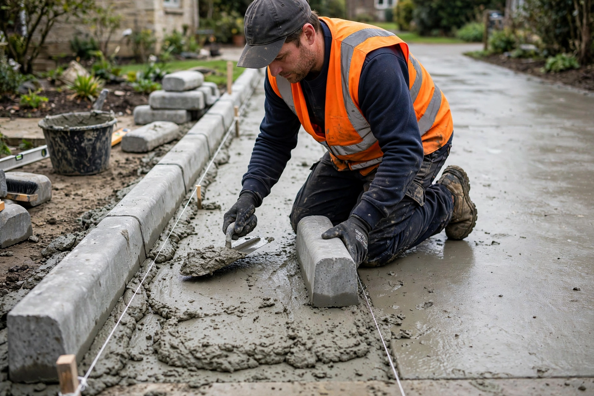 Installing concrete kerb edge restraints along interlock paving driveway border