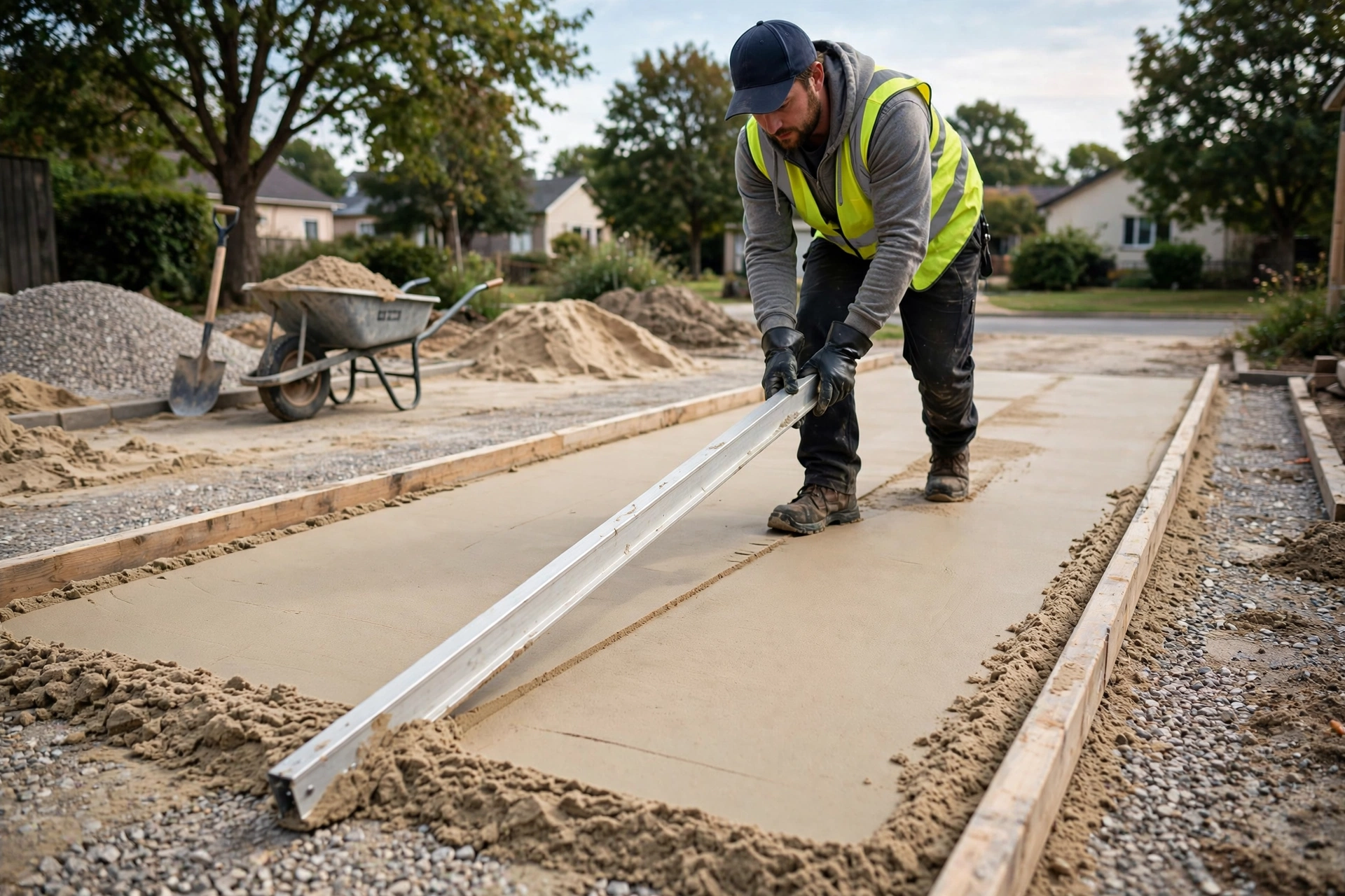Screeding sharp bedding sand layer level before laying interlock pavers