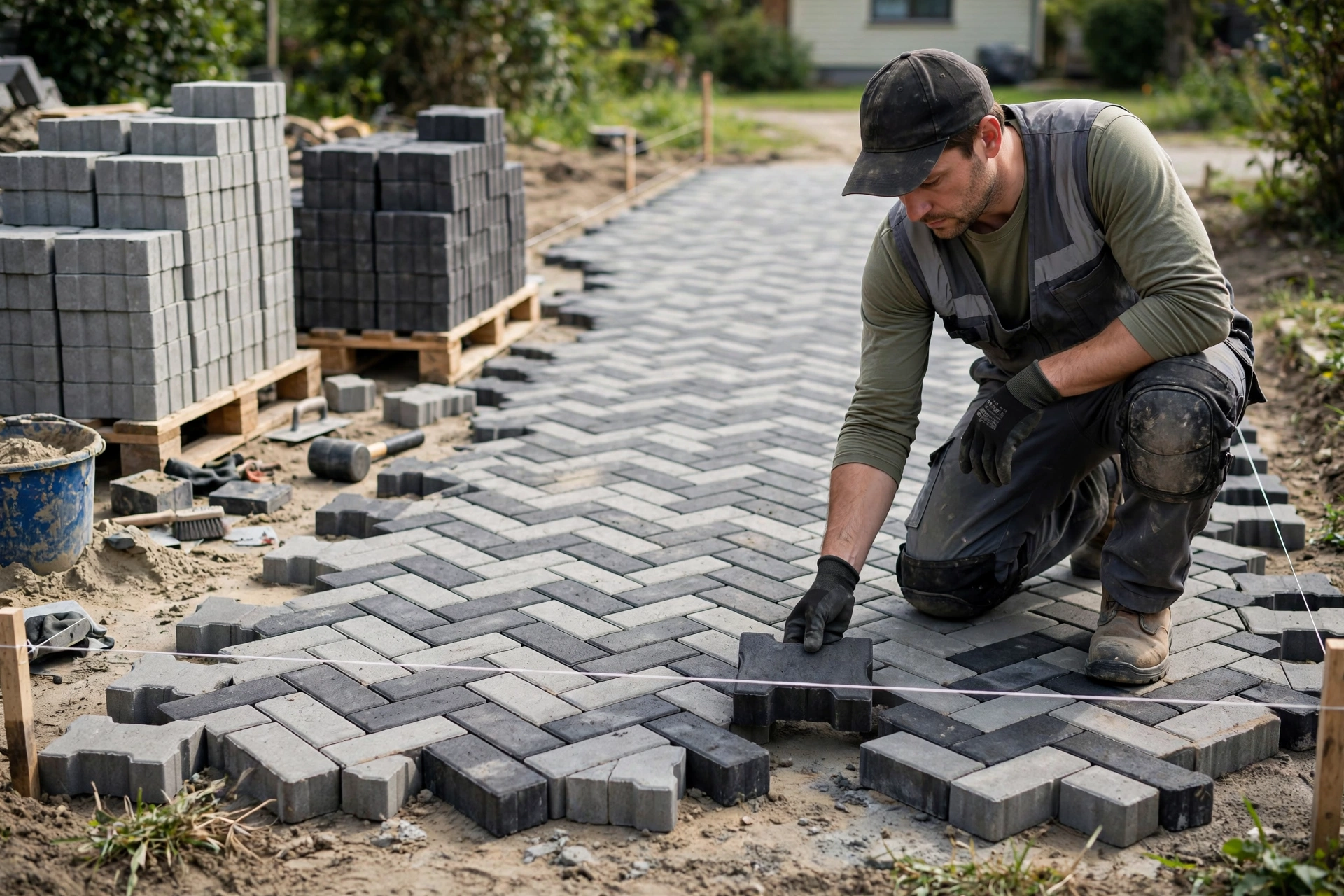 Worker laying interlocking concrete pavers in herringbone pattern by hand