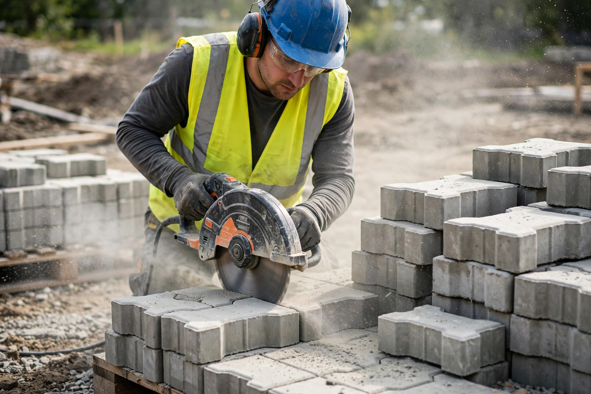 Cutting interlock paver to size with diamond blade saw for edge fitting