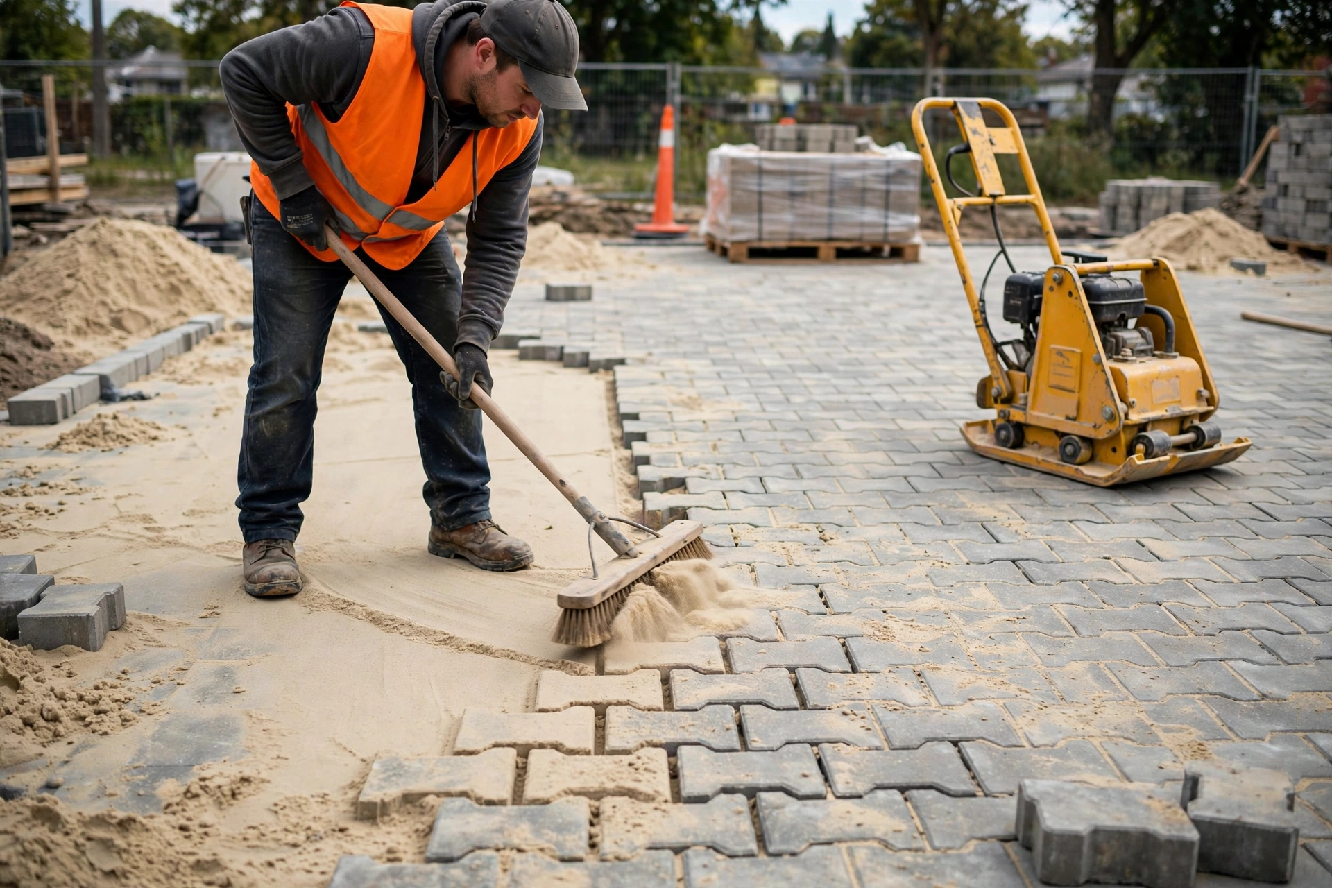Sweeping kiln dried sand into interlock paving joints with plate compactor