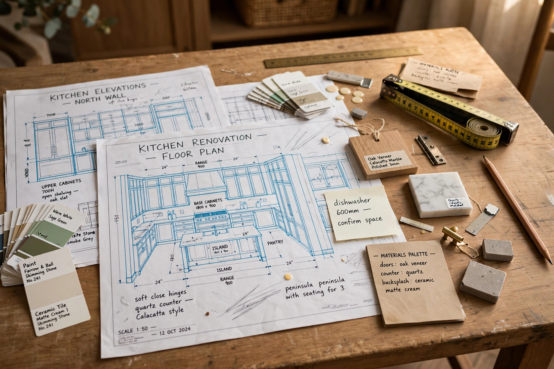 Kitchen construction planning: architect reviewing kitchen blueprints and measurements