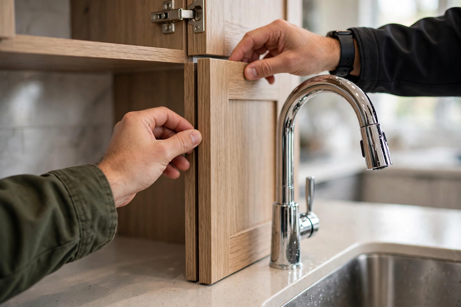 Final inspection of newly constructed kitchen checking finishing details