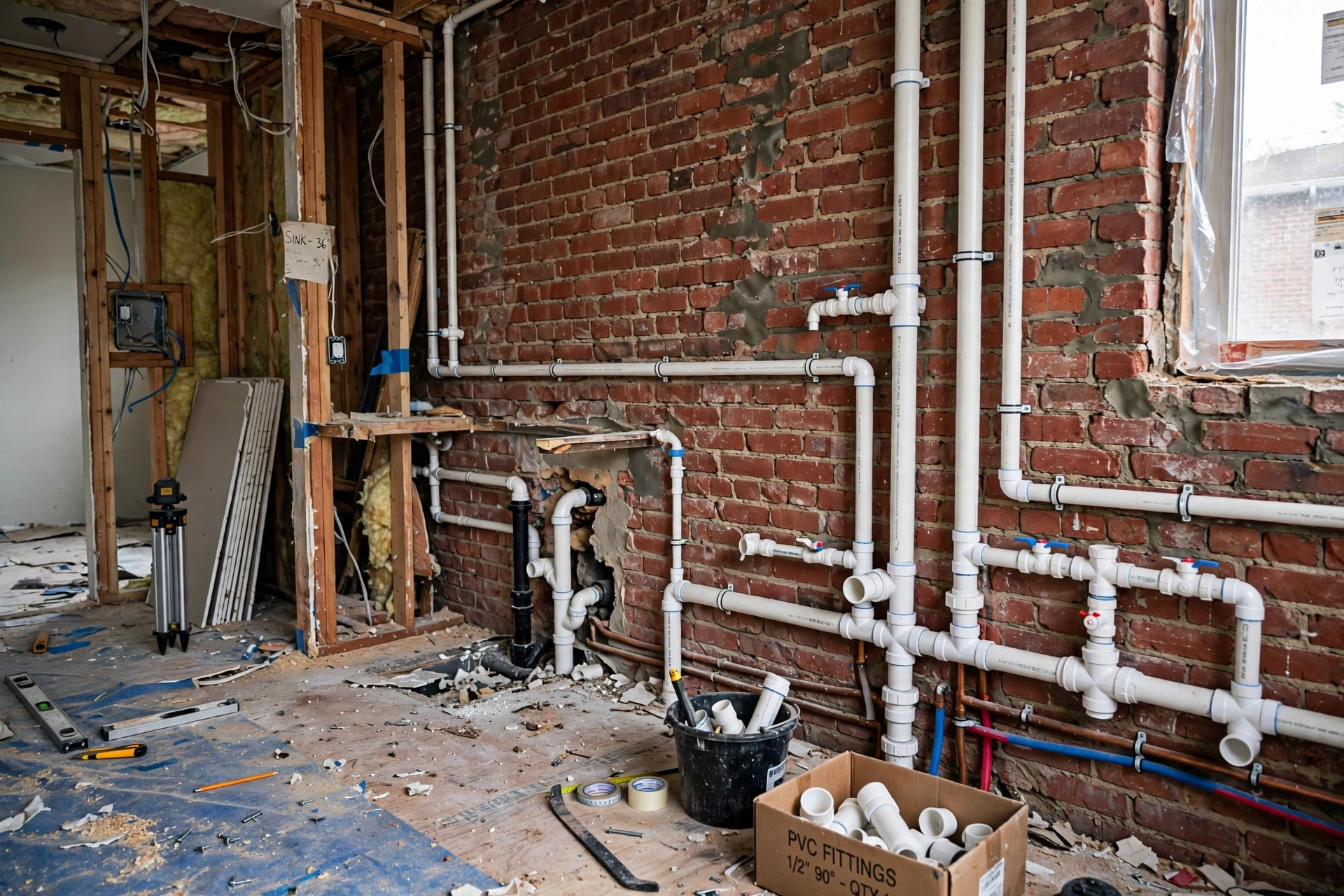 Kitchen plumbing rough-in with new water pipes installed in wall during construction