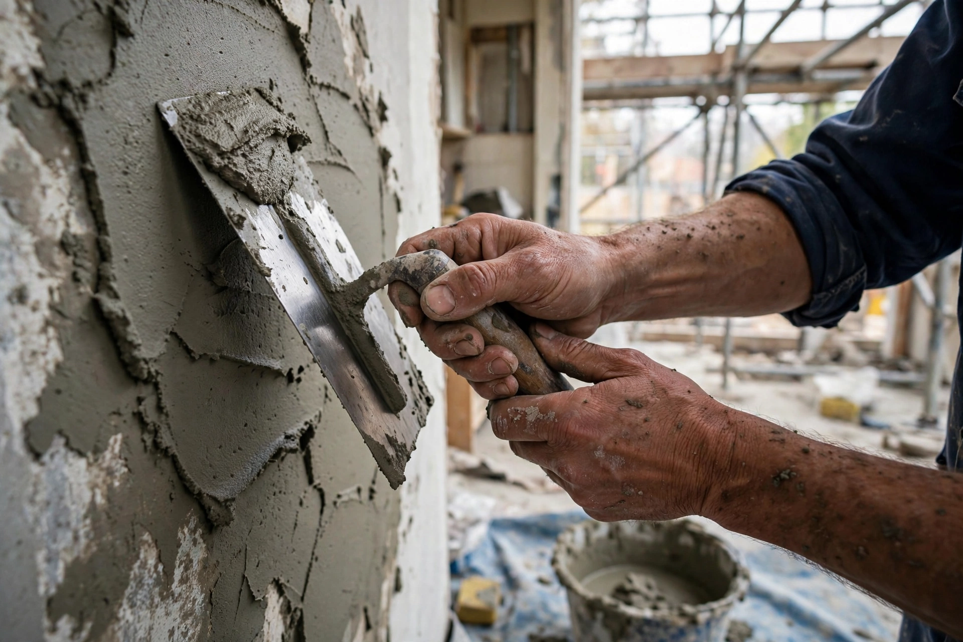 Mason plastering and cementing a kitchen wall with trowel during construction