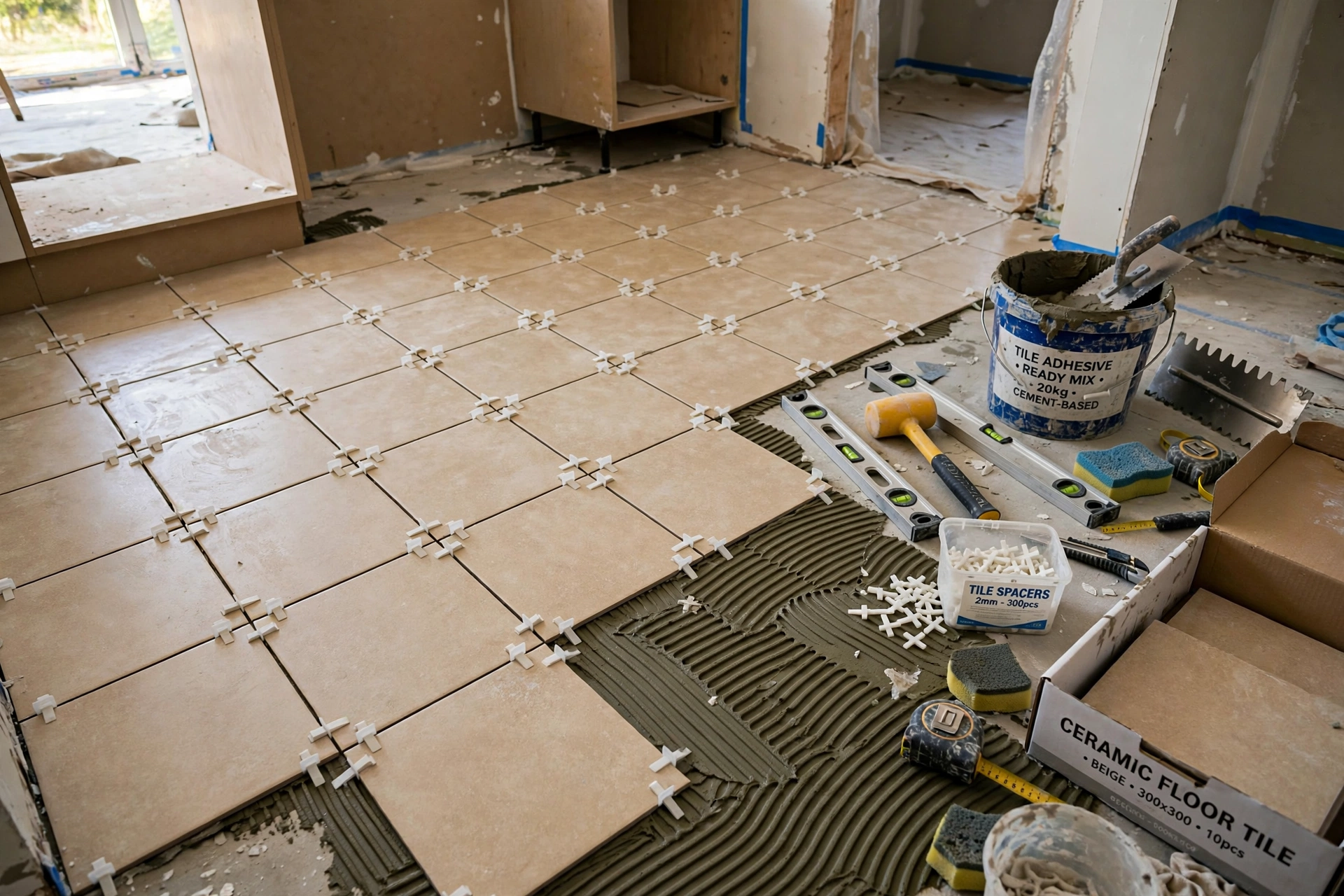 Kitchen floor tiling in progress with tiles spacers and adhesive