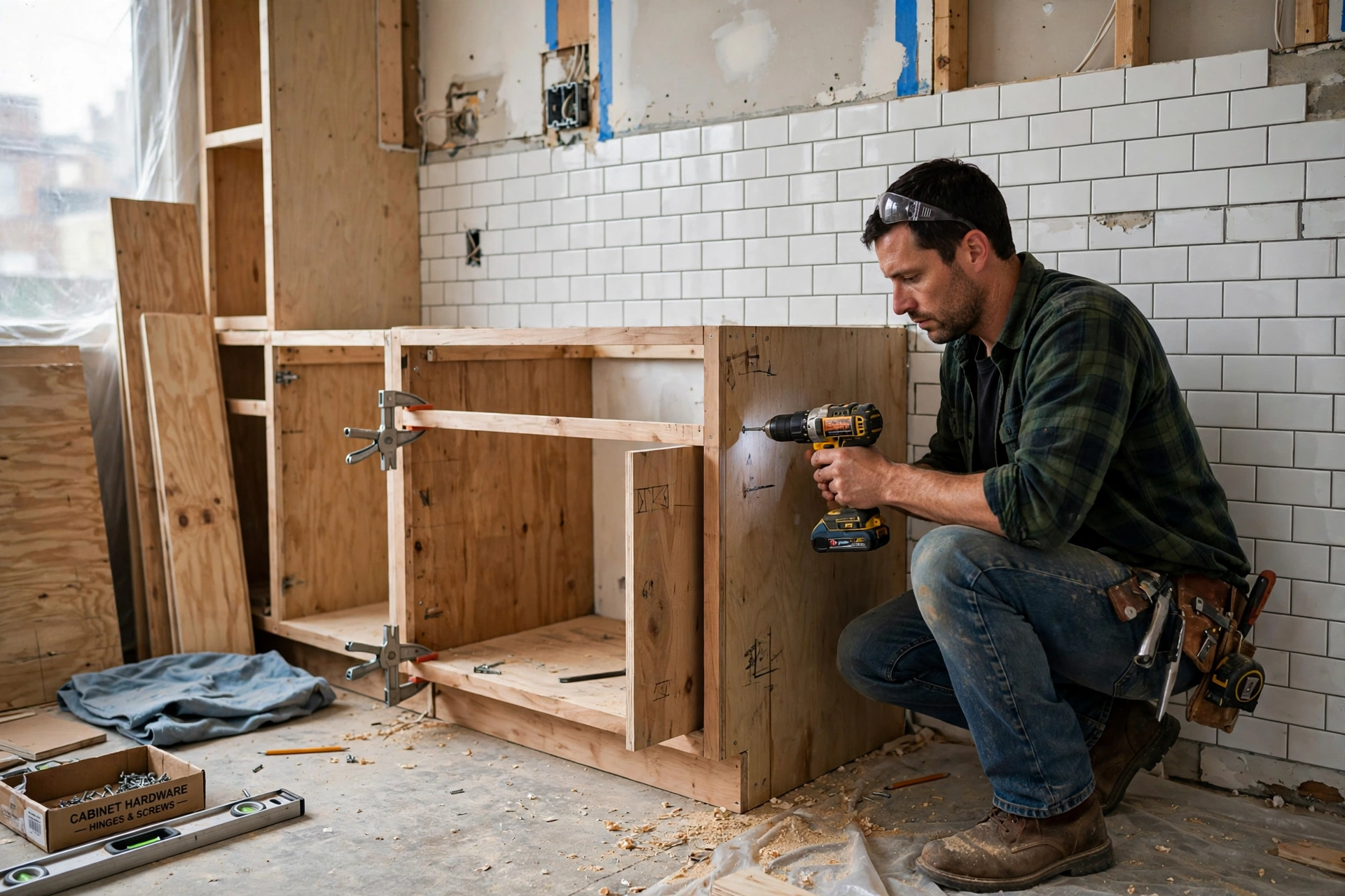 Carpenter installing wooden kitchen cabinets during kitchen construction