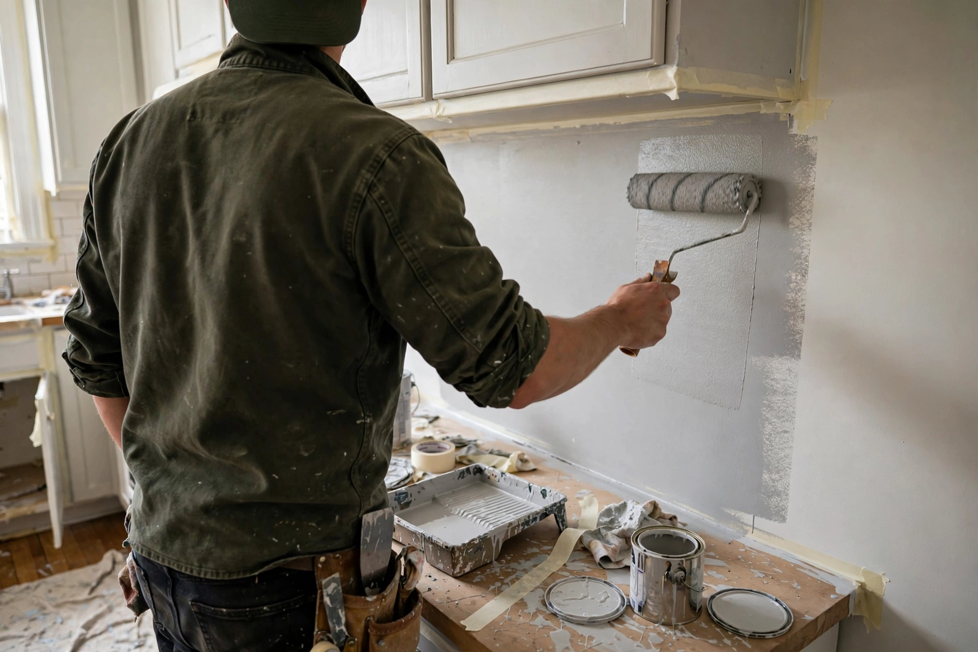 Painter painting kitchen wall with roller during coloring phase
