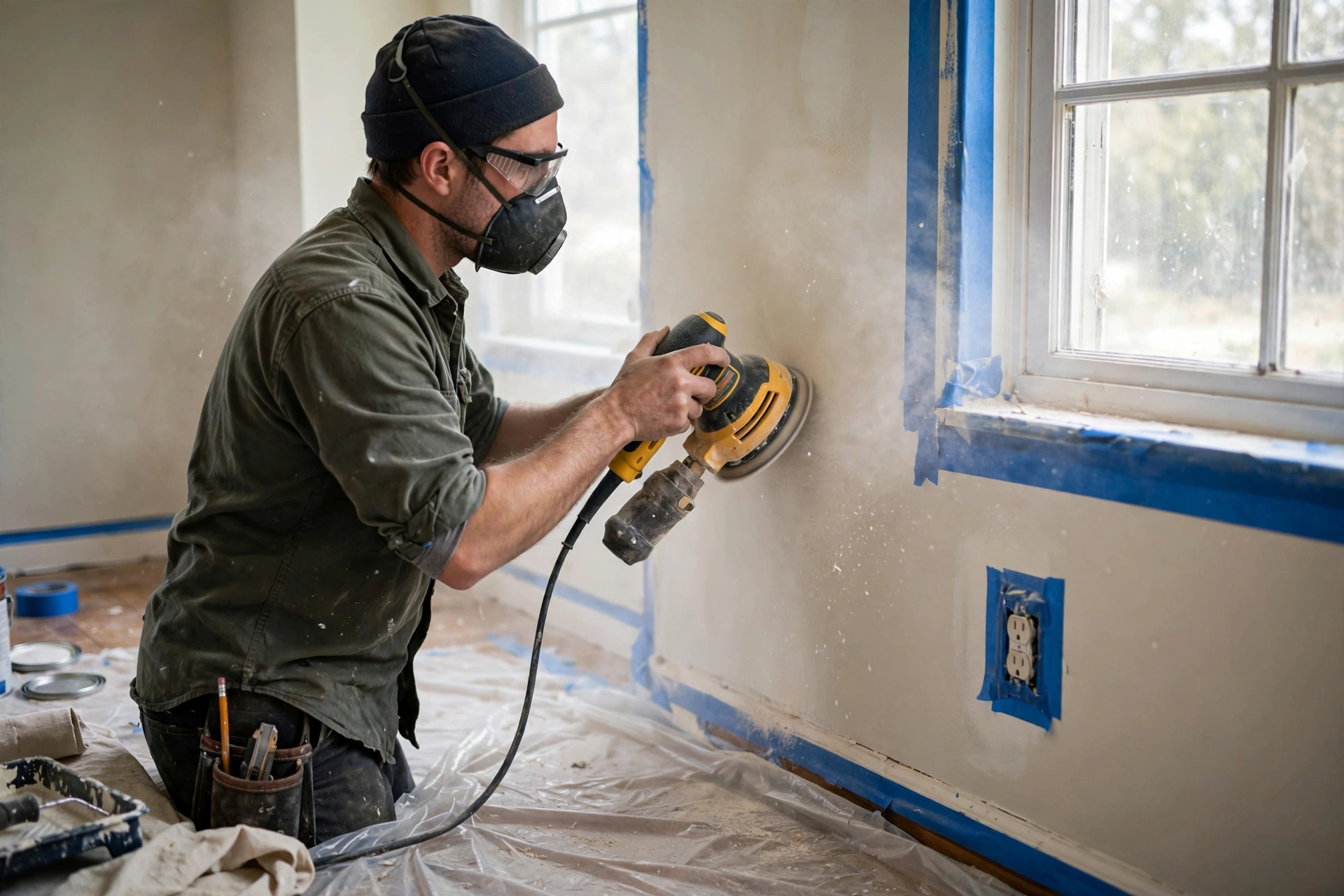 House painting preparation sanding wall with orbital sander and masking tape on sockets