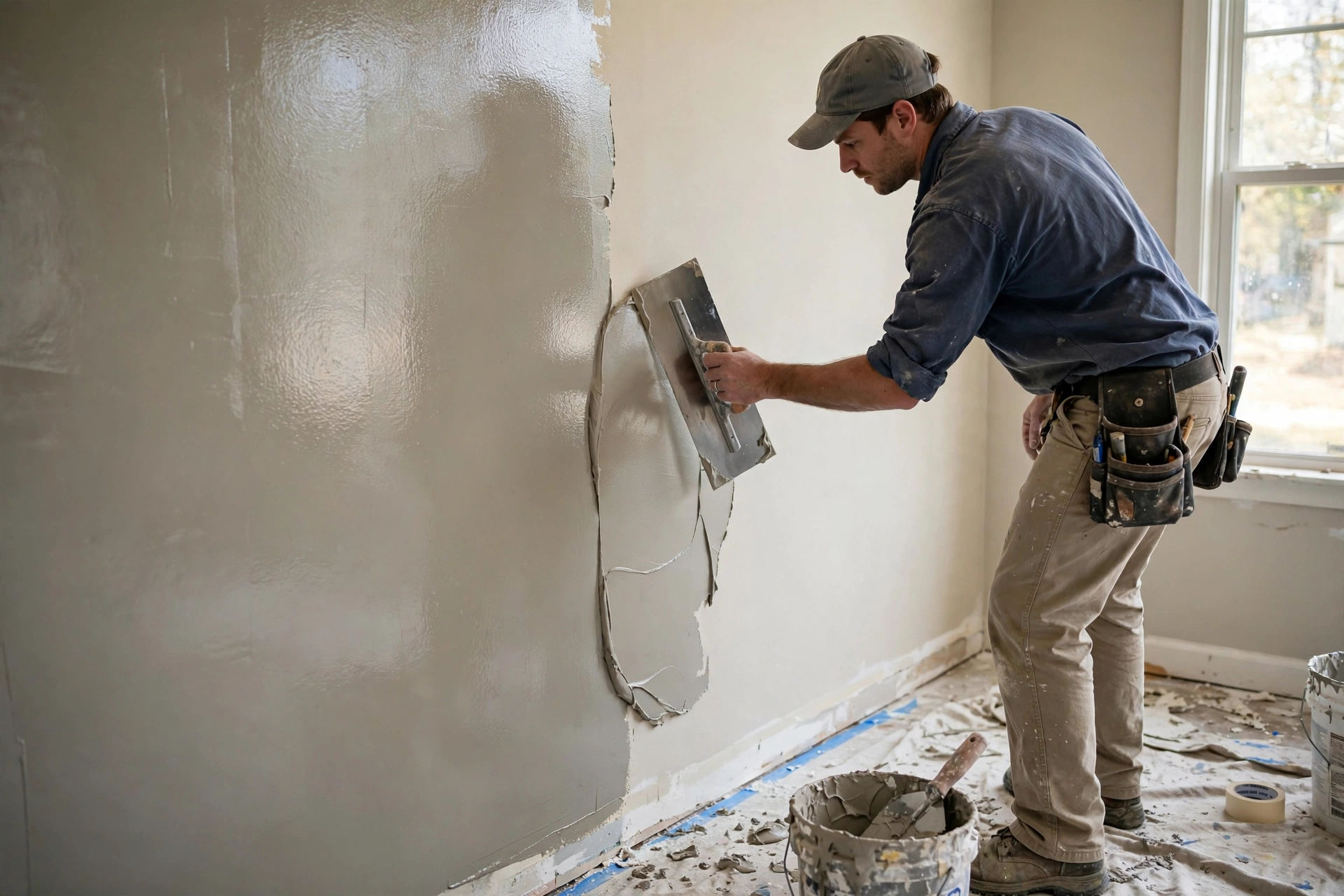 House painting wall putty skimming with trowel for a smooth finish