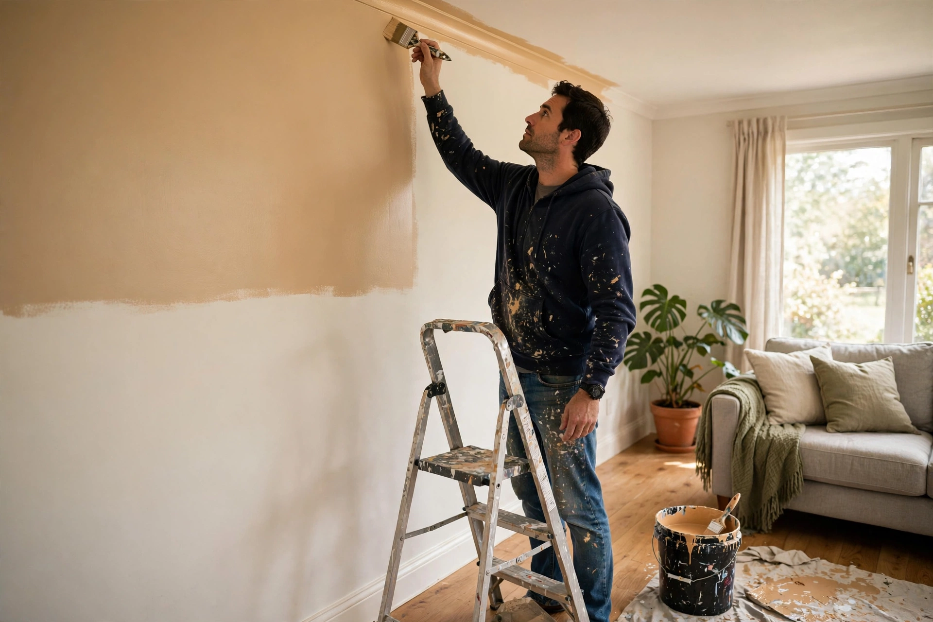 Painter cutting in ceiling edges during interior house painting