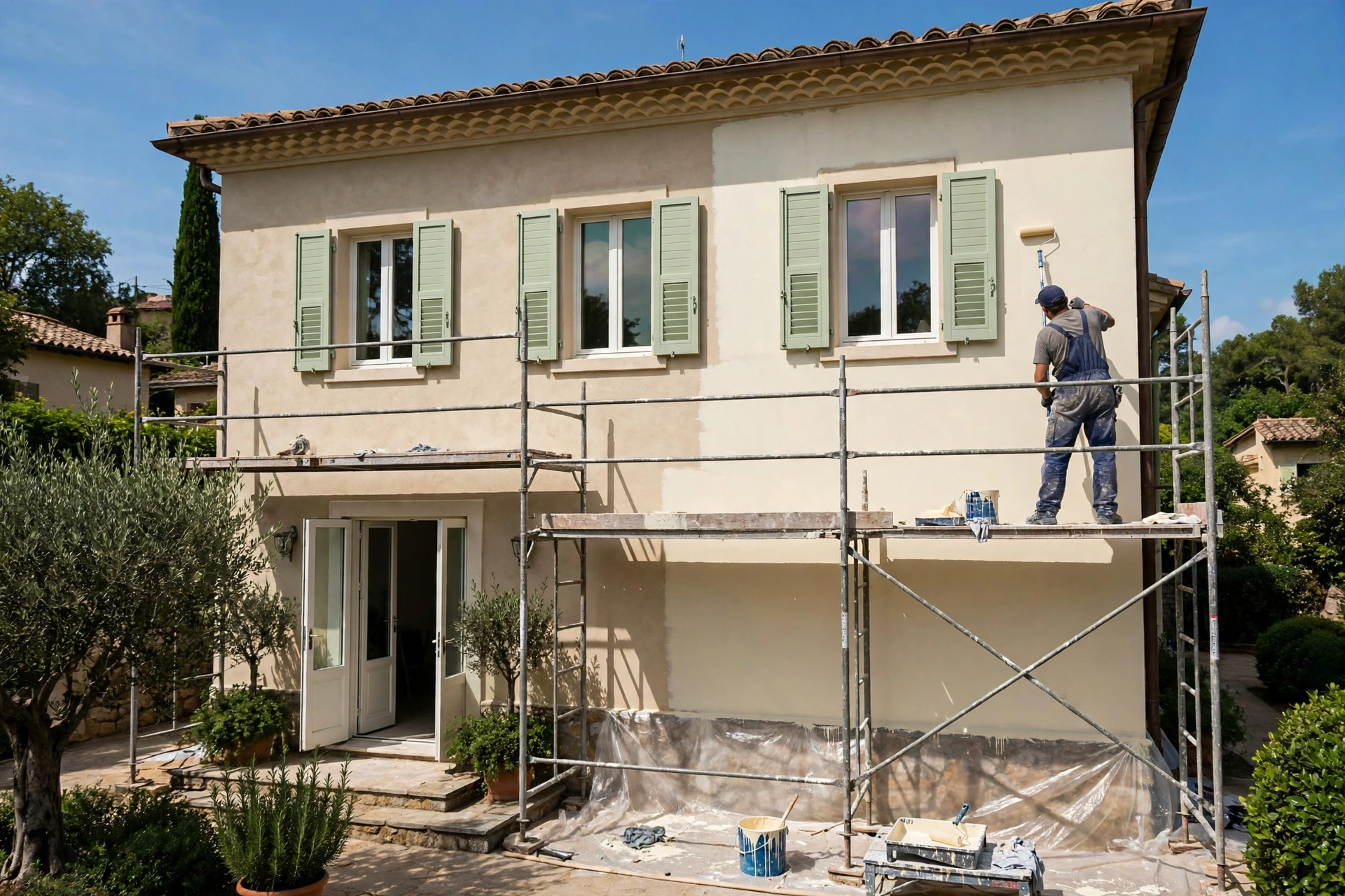 Exterior house painting on villa facade with scaffolding and weather shield paint