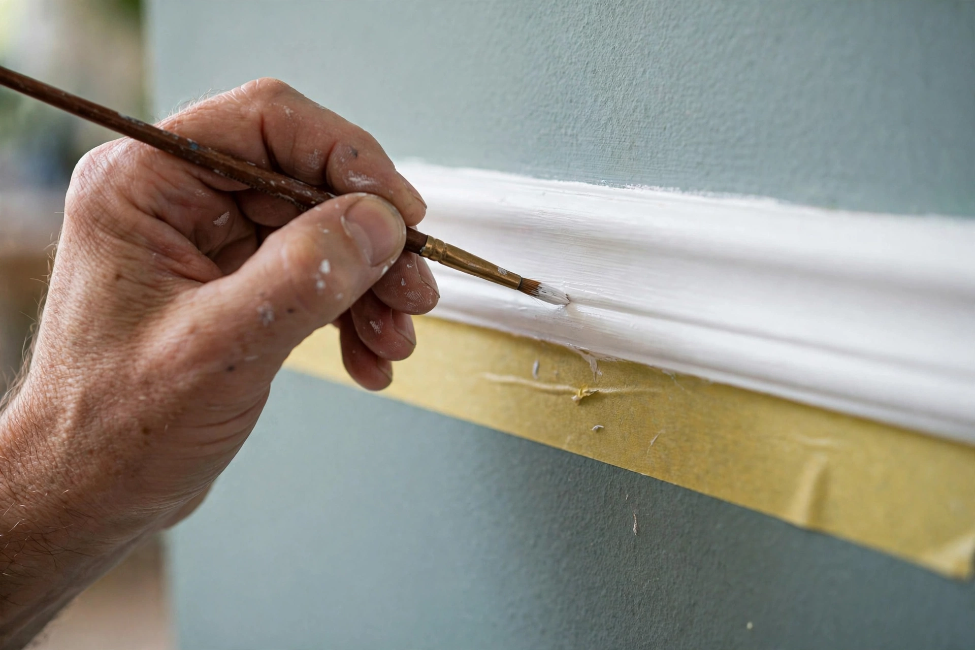 House painting detail touch-up work on trim edges close-up