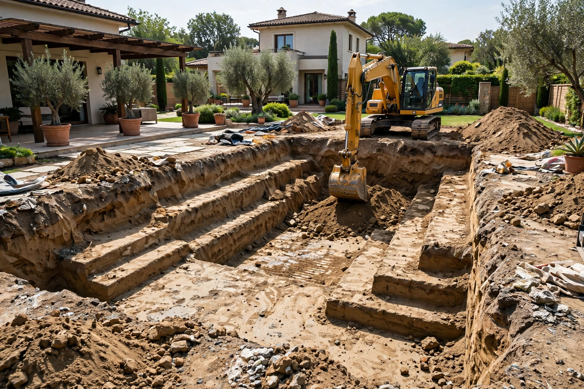 Excavator digging the swimming pool pit with stepped depth profile during excavation