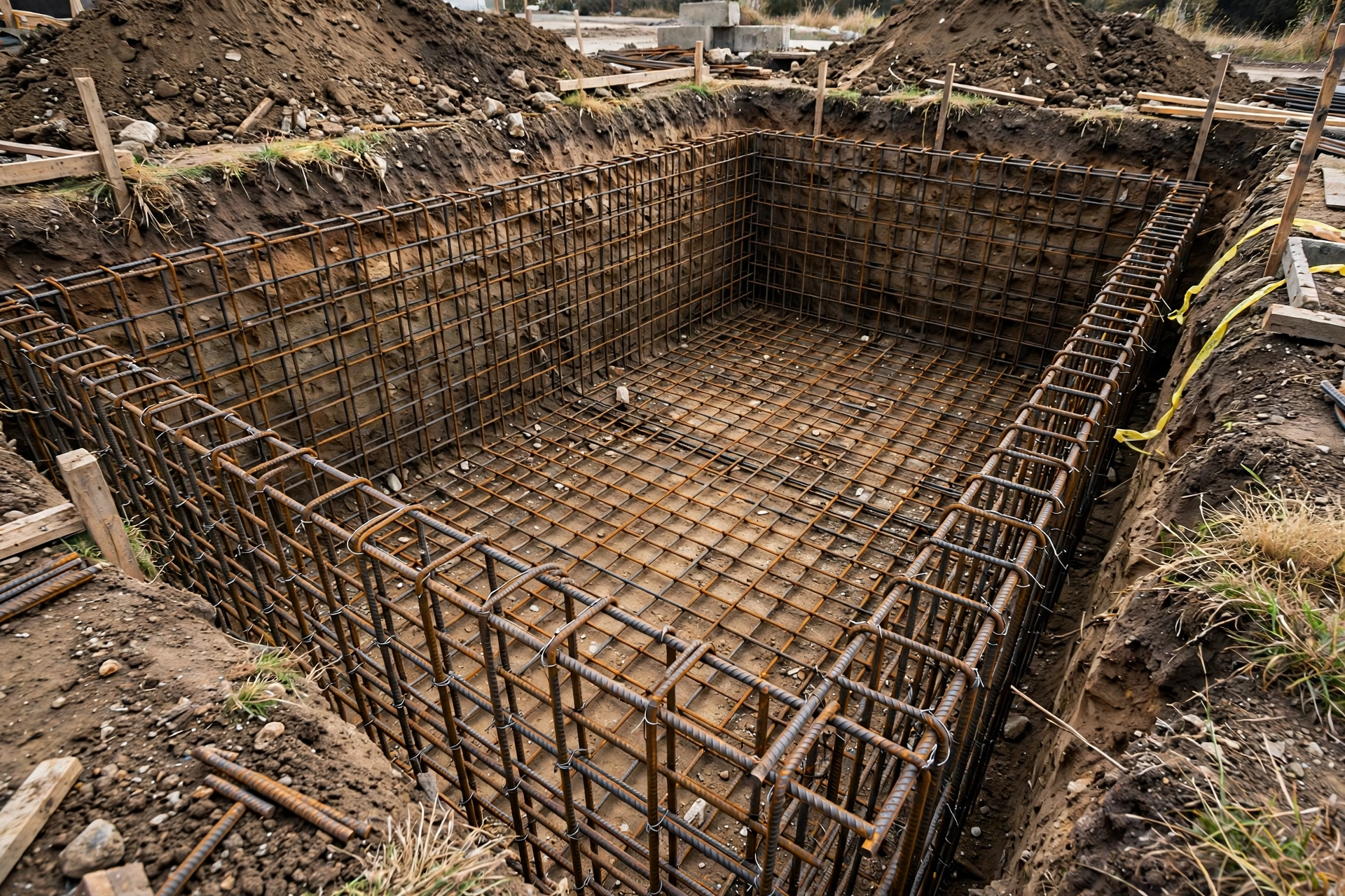 Steel reinforcement rebar cage tied inside the excavated swimming pool shell