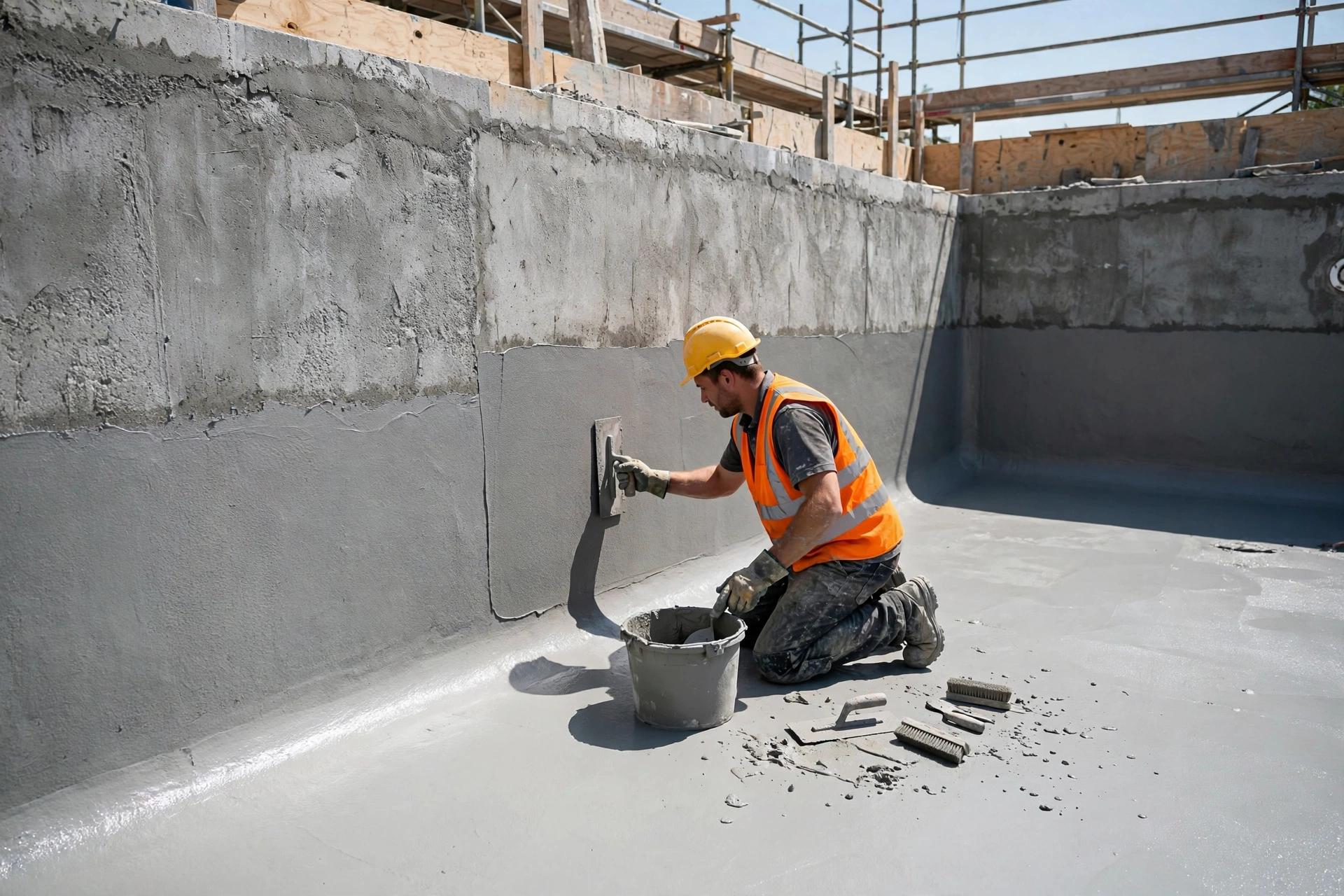 Worker applying cementitious waterproofing coating inside the concrete swimming pool shell