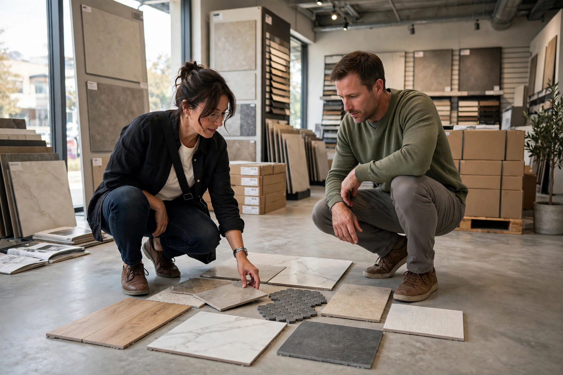 Floor tile installation planning with tile samples spread on floor for selection