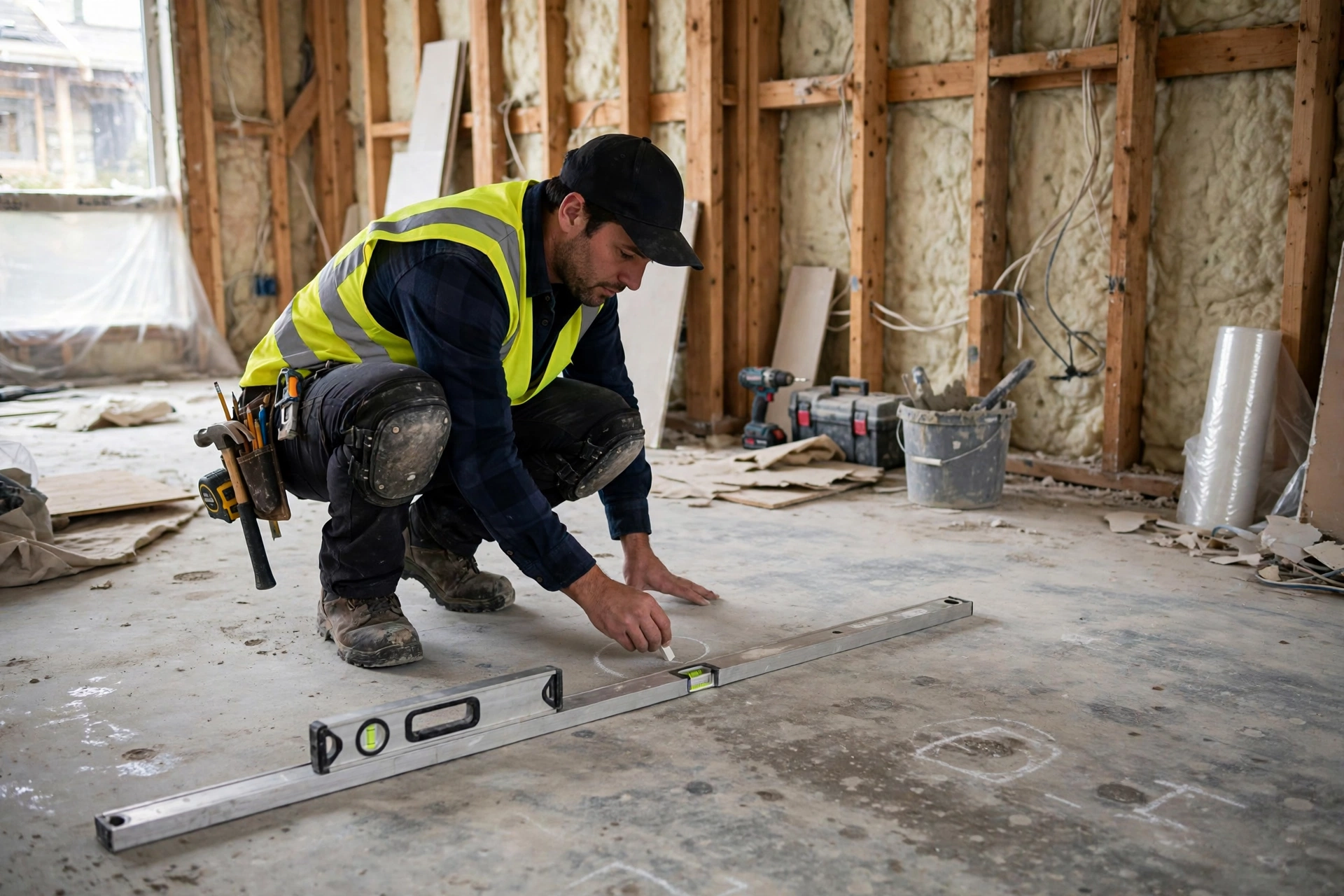 Contractor inspecting subfloor with straightedge before floor tile installation