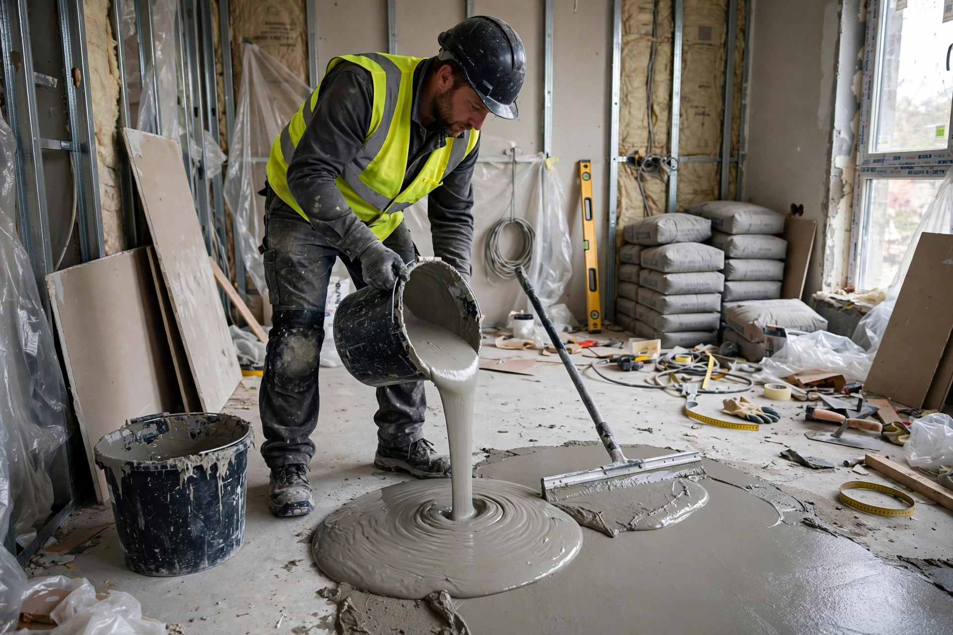 Worker pouring and levelling self-levelling screed for floor tile installation