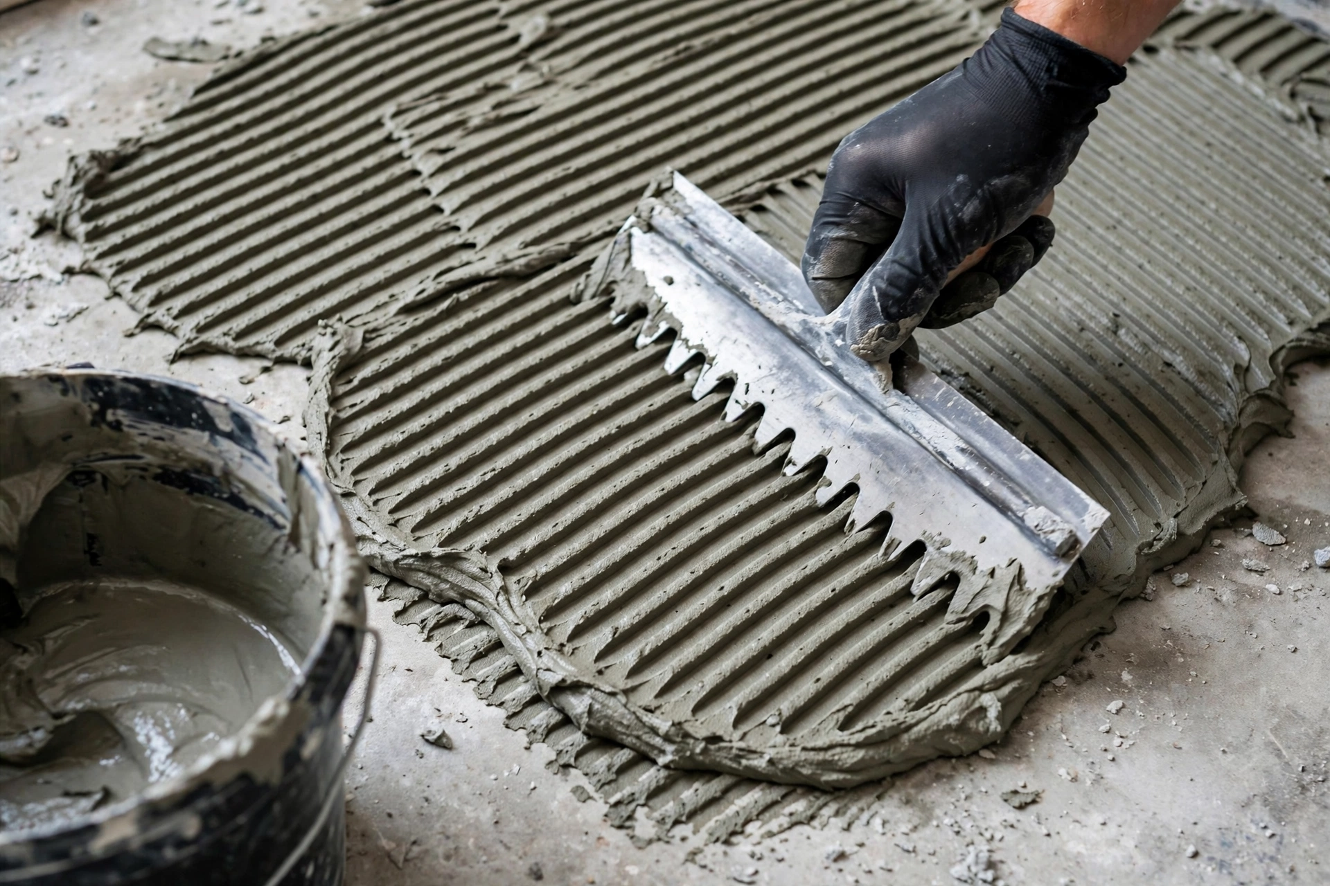 Notched trowel spreading adhesive during floor tile installation
